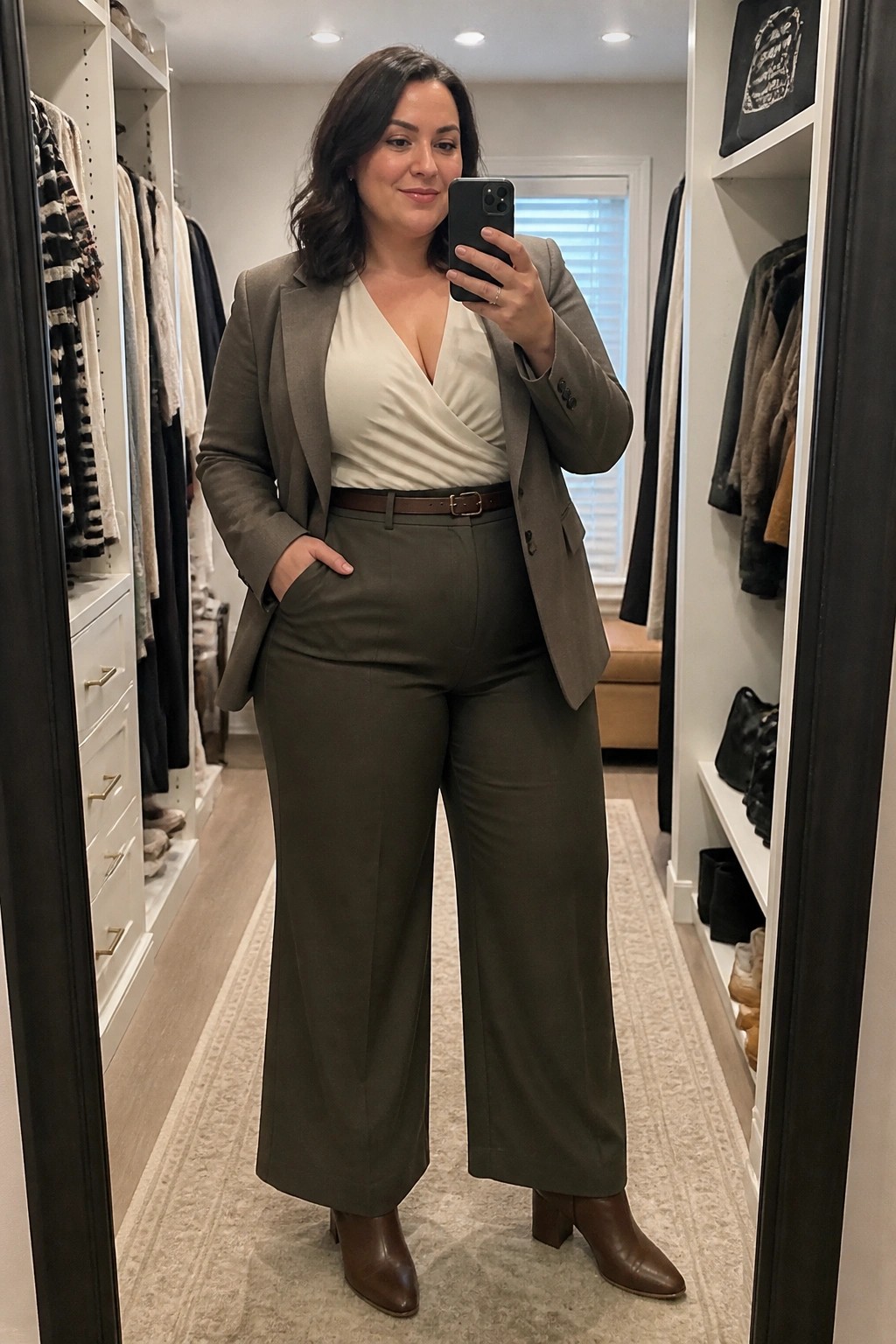 Woman in olive suit and white top taking mirror selfie in closet