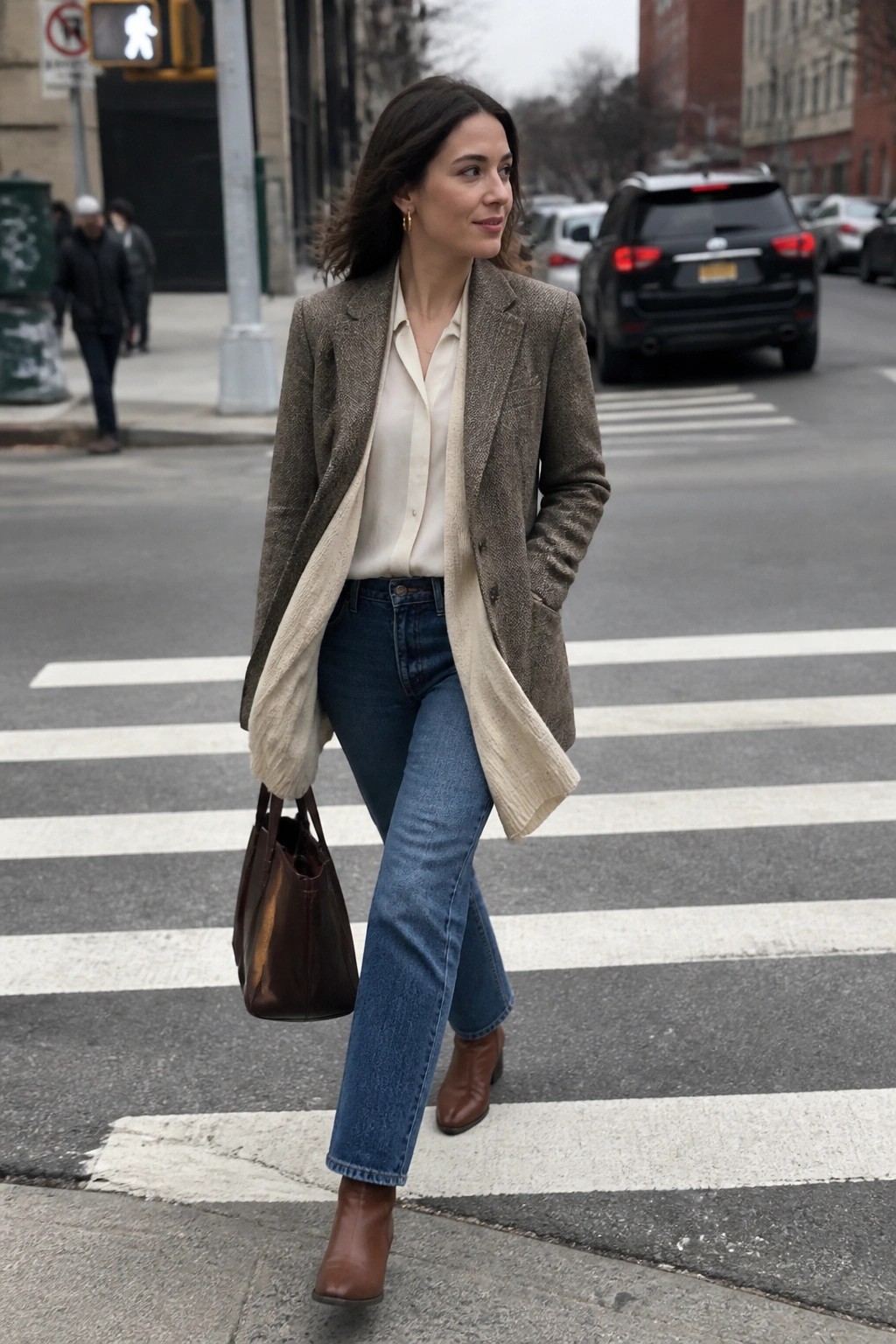 Woman in brown blazer over cream sweater crossing city crosswalk with leather bag
