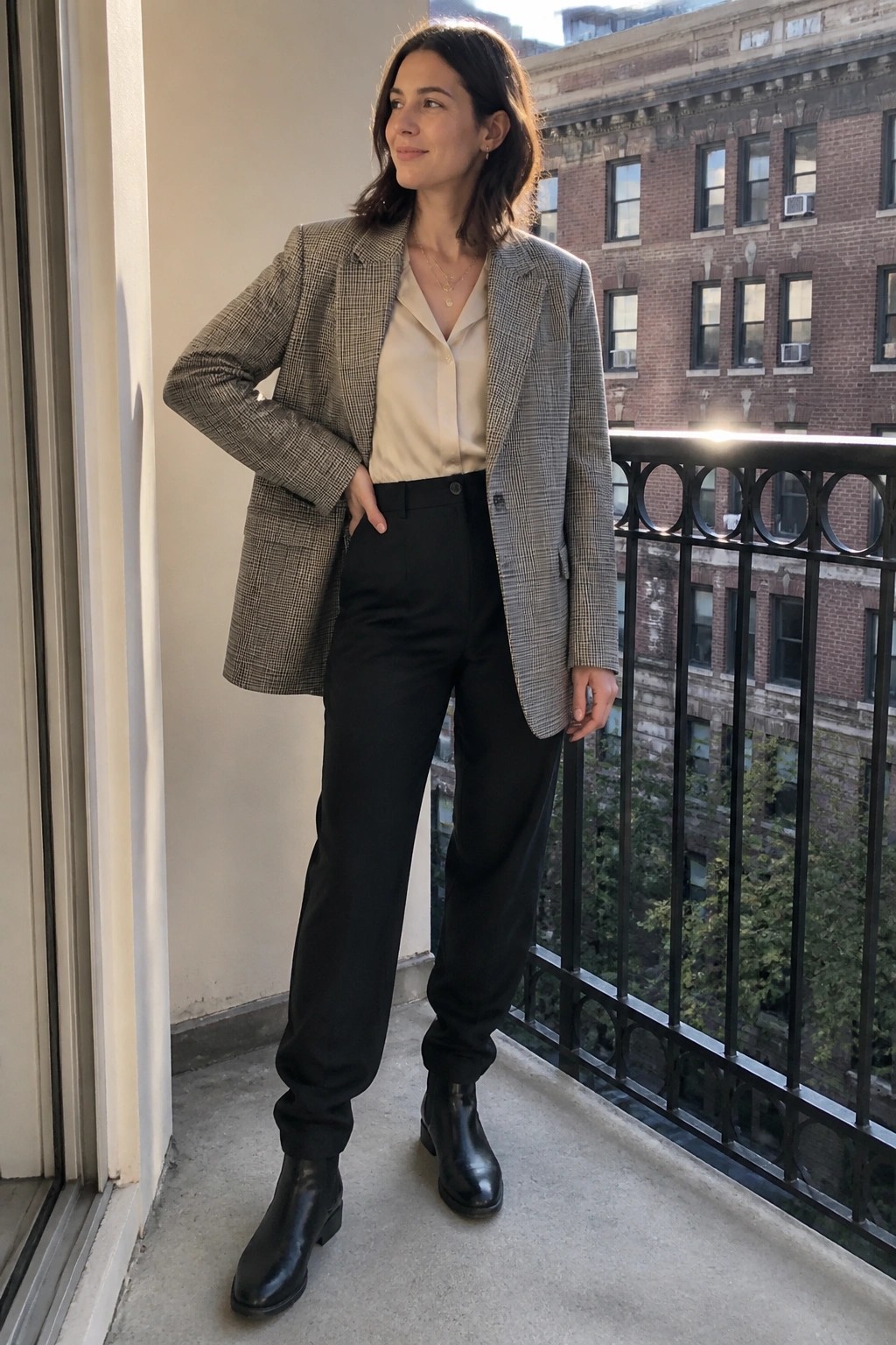 Woman in checkered blazer and black pants on sunny city balcony