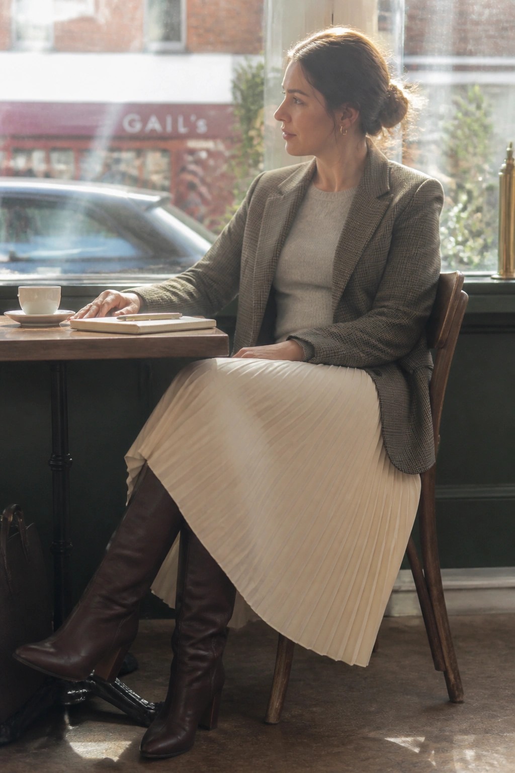 Woman in tweed blazer and pleated skirt at cafe table with coffee and notebook