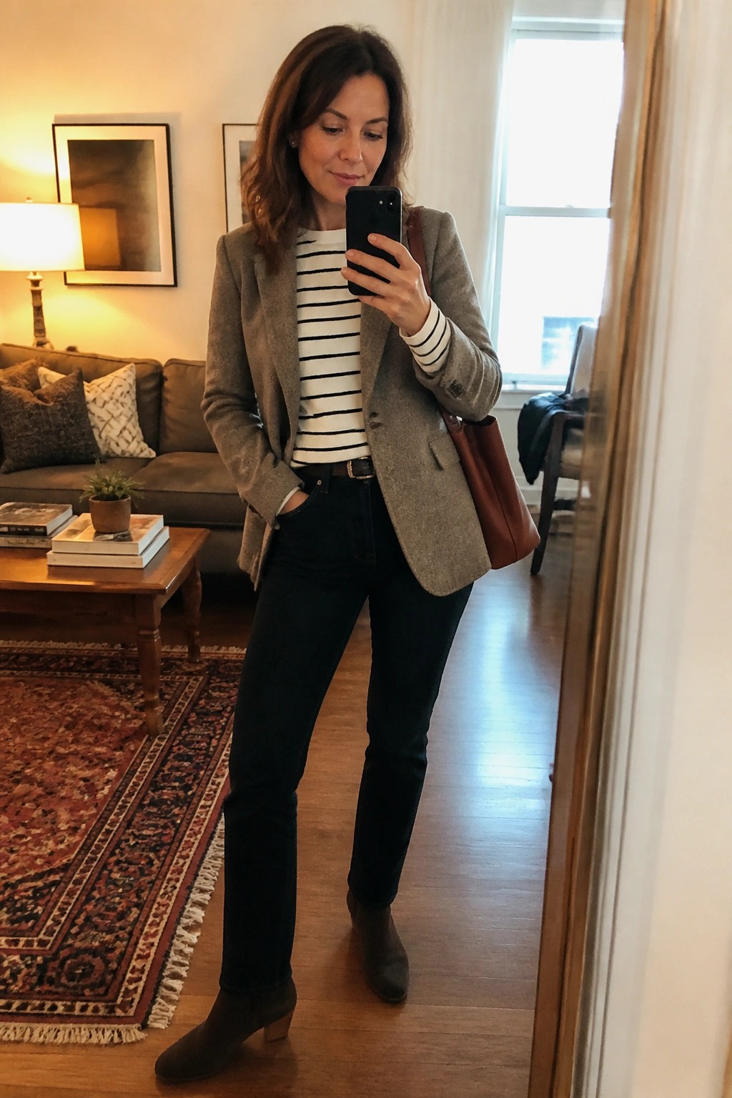 Woman in gray blazer and striped top taking mirror selfie in living room