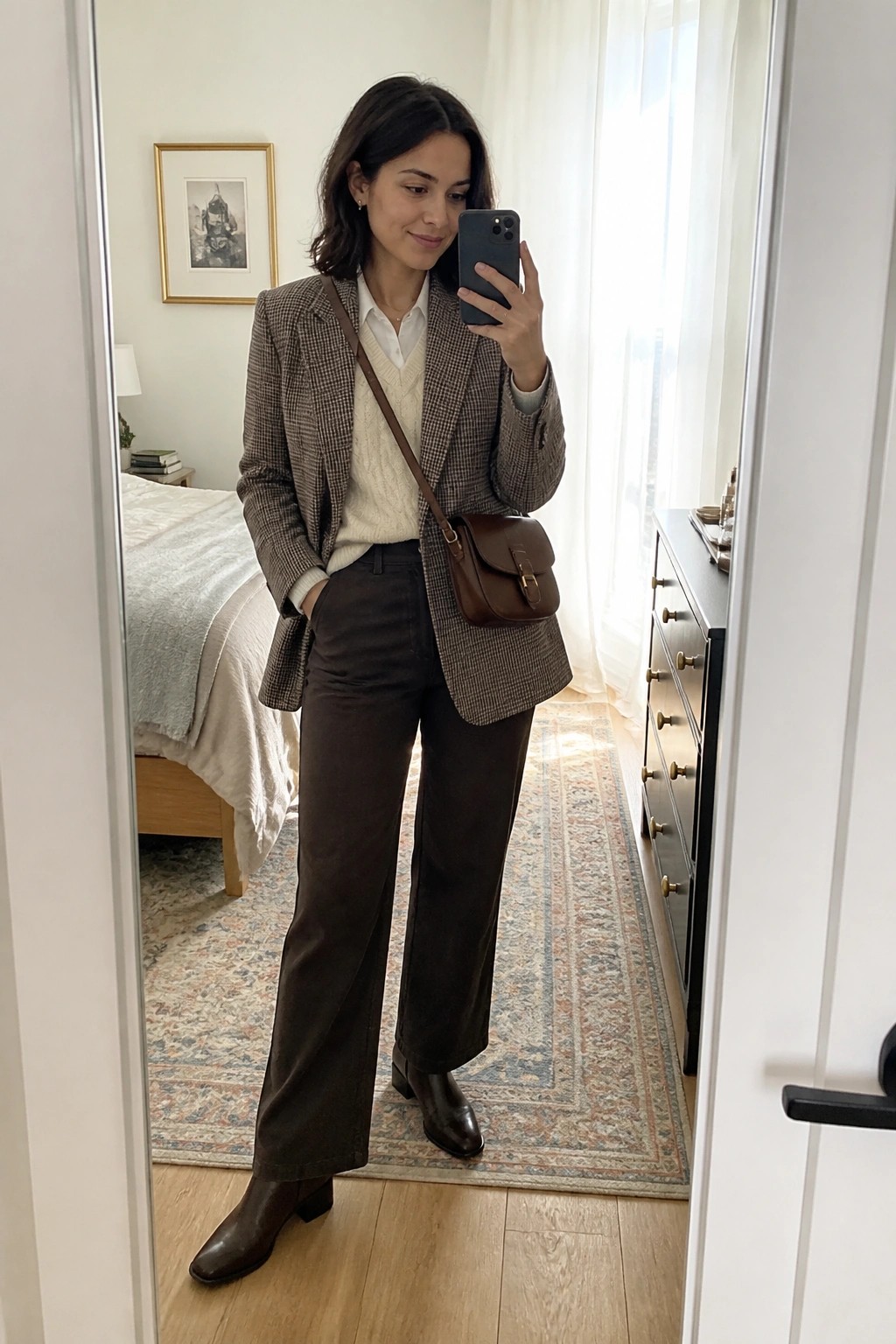 Woman in checkered blazer and brown pants taking mirror selfie in bedroom