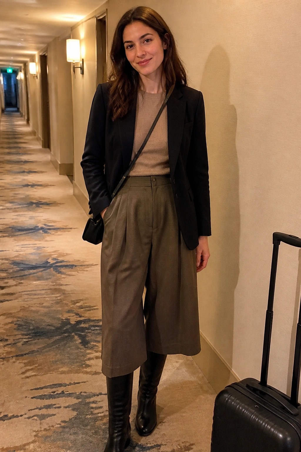 Woman in black blazer and olive pants stands beside suitcase in hallway.