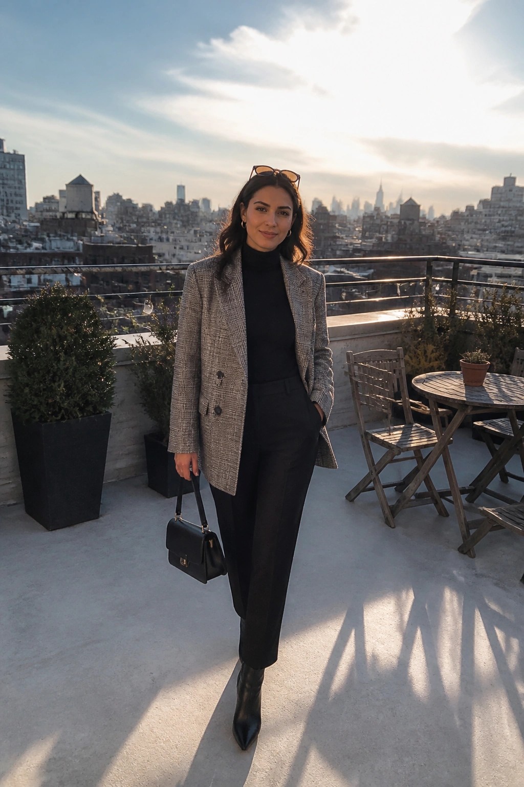 Woman in plaid blazer and black outfit on sunny city rooftop terrace