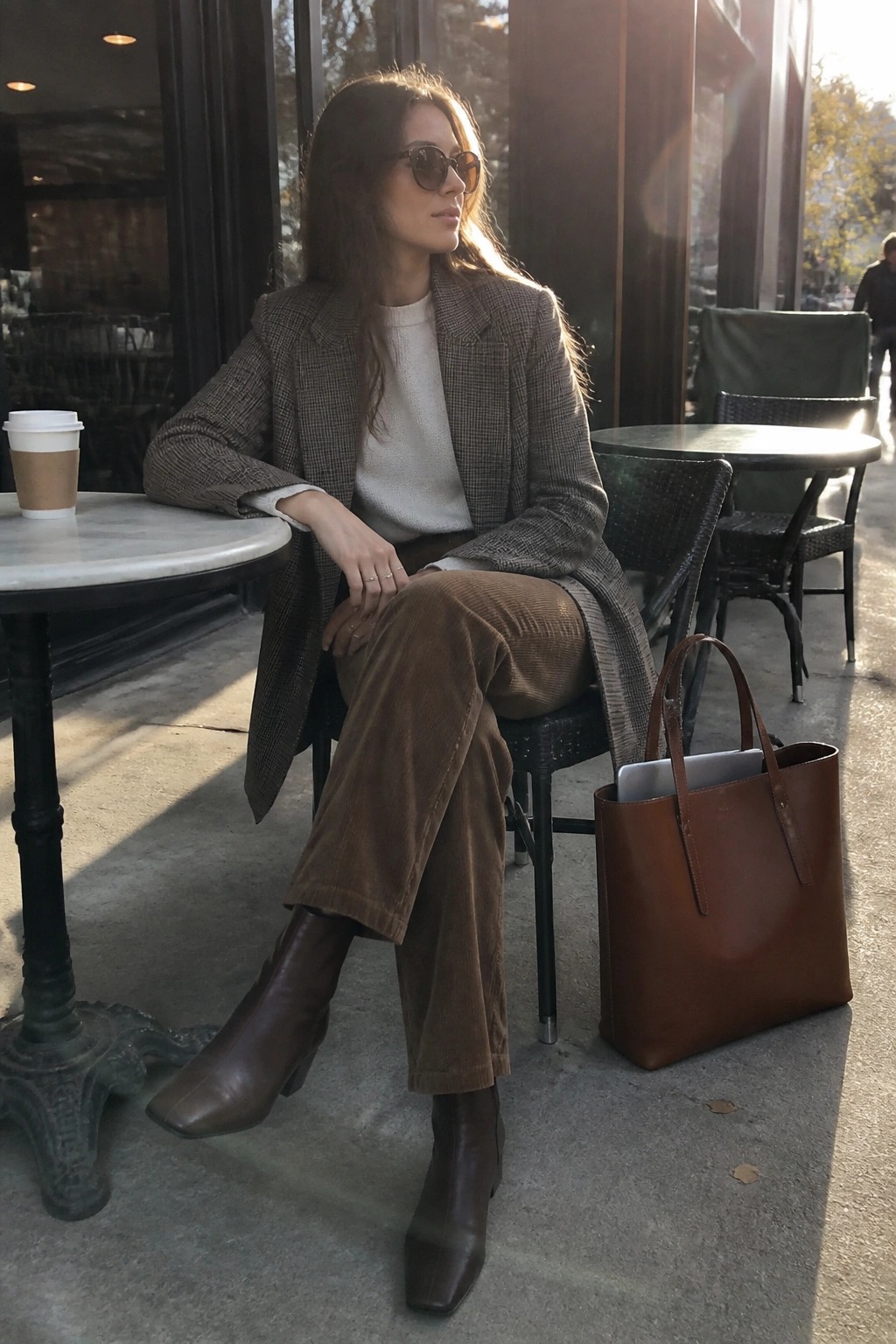 Woman in a brown plaid blazer over cream knit sweater paired with brown corduroy wide leg pants and matching brown leather ankle boots next to a brown leather tote bag.