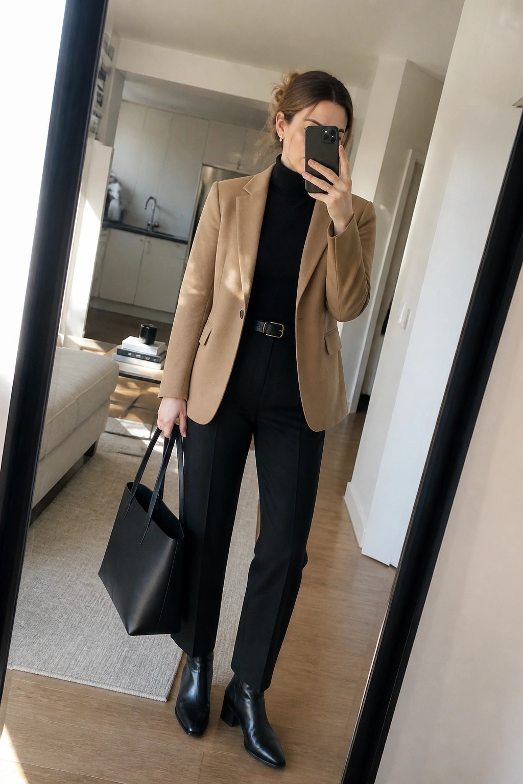 Woman in tan blazer and black outfit taking mirror selfie with tote bag