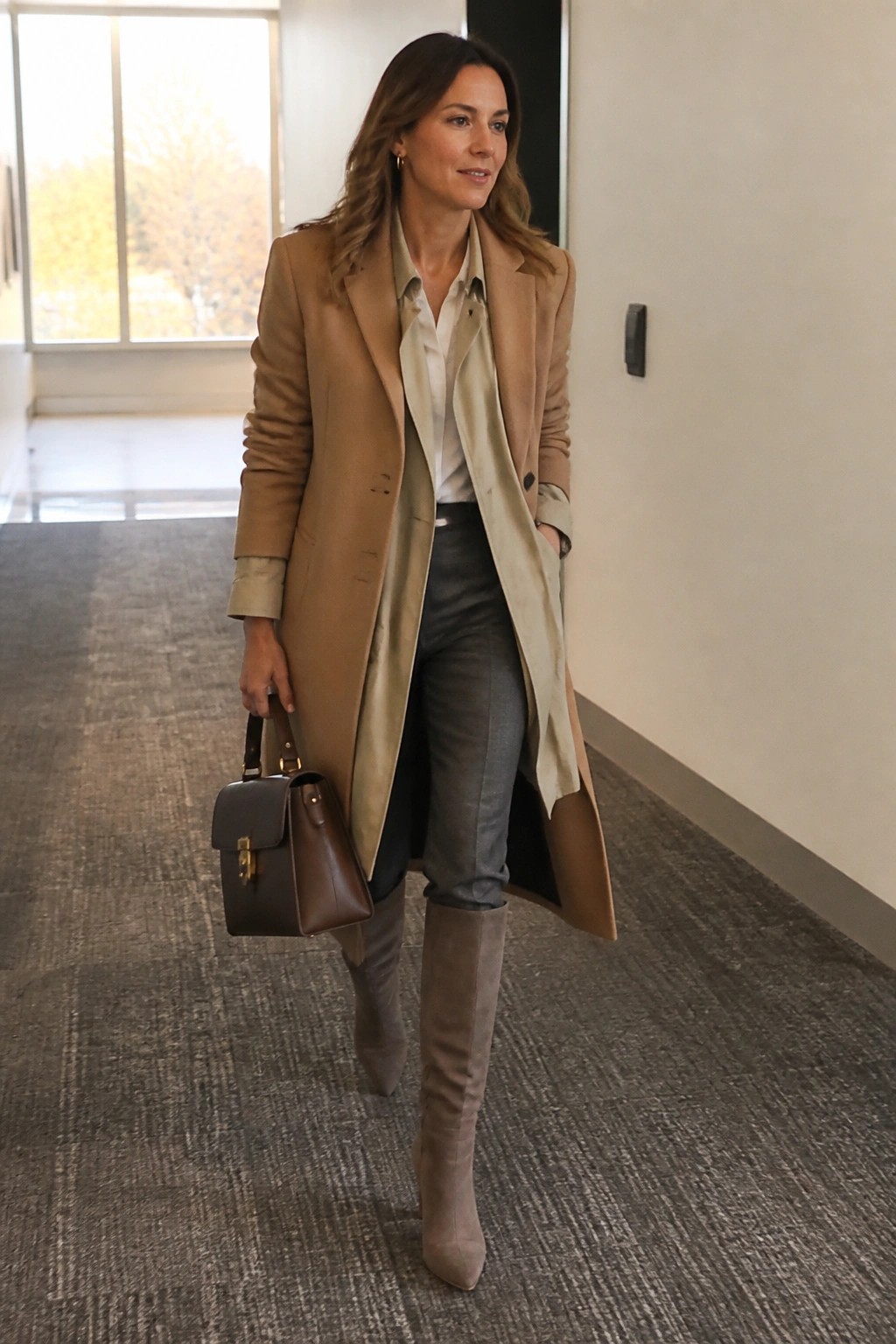 Woman in tan coat, gray pants and suede boots carrying brown handbag in hallway