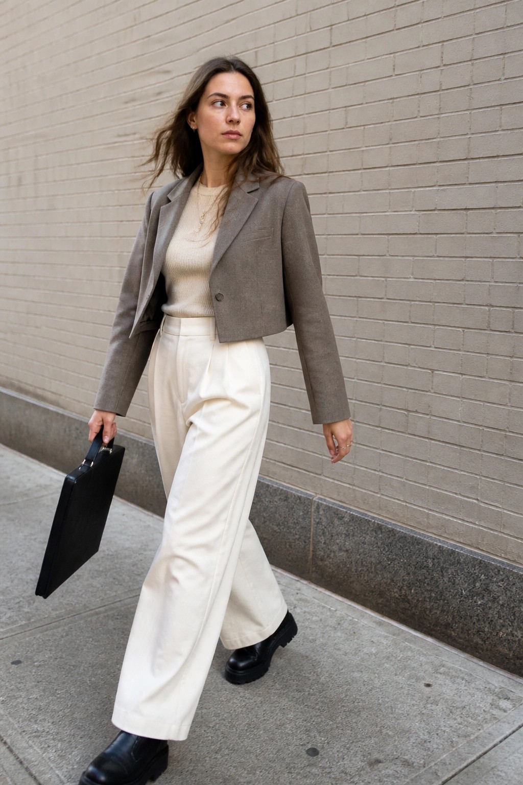 Woman in cropped taupe blazer and white wide-leg pants holds black briefcase on sidewalk