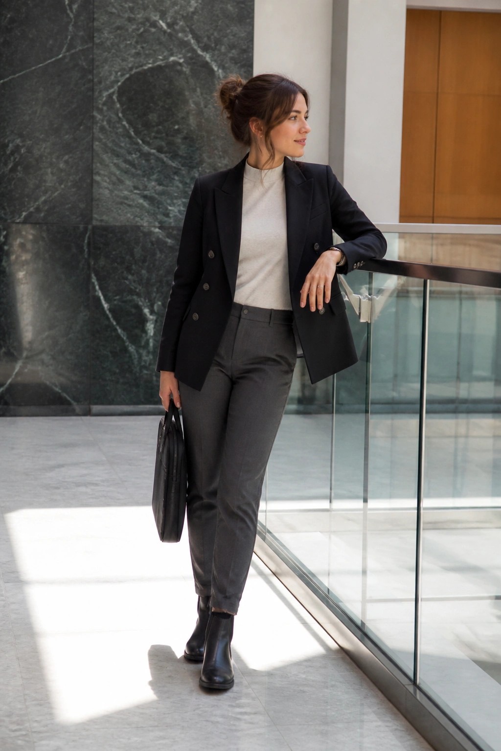 Woman in black blazer, beige sweater, and gray pants holding briefcase by glass railing.
