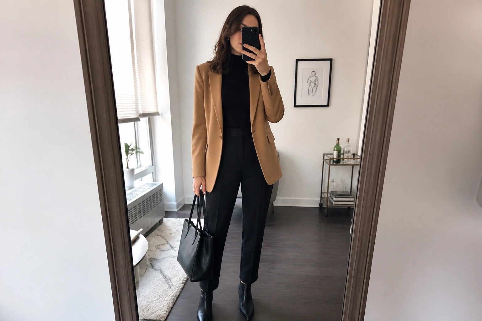Woman in tan blazer and black outfit taking mirror selfie with tote bag