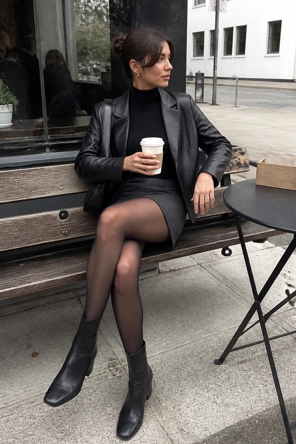 Woman in black leather jacket and gray skirt on bench holding coffee cup