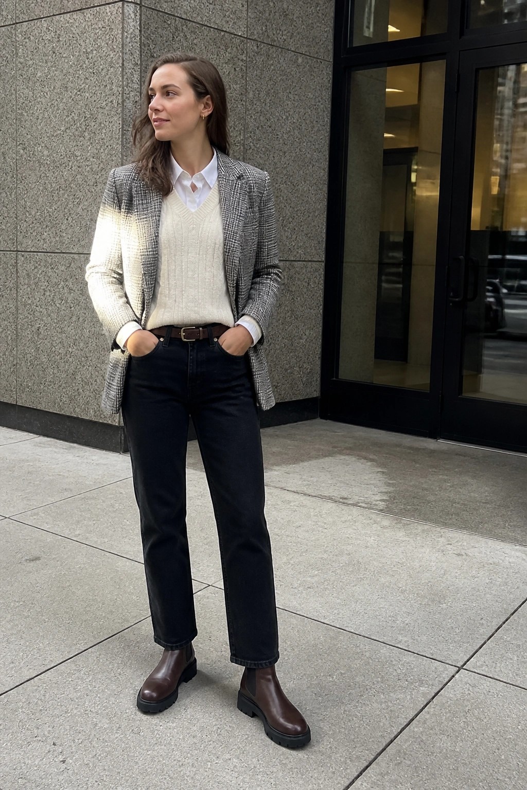 Woman in plaid blazer, cream sweater vest, white shirt, black jeans, and brown boots