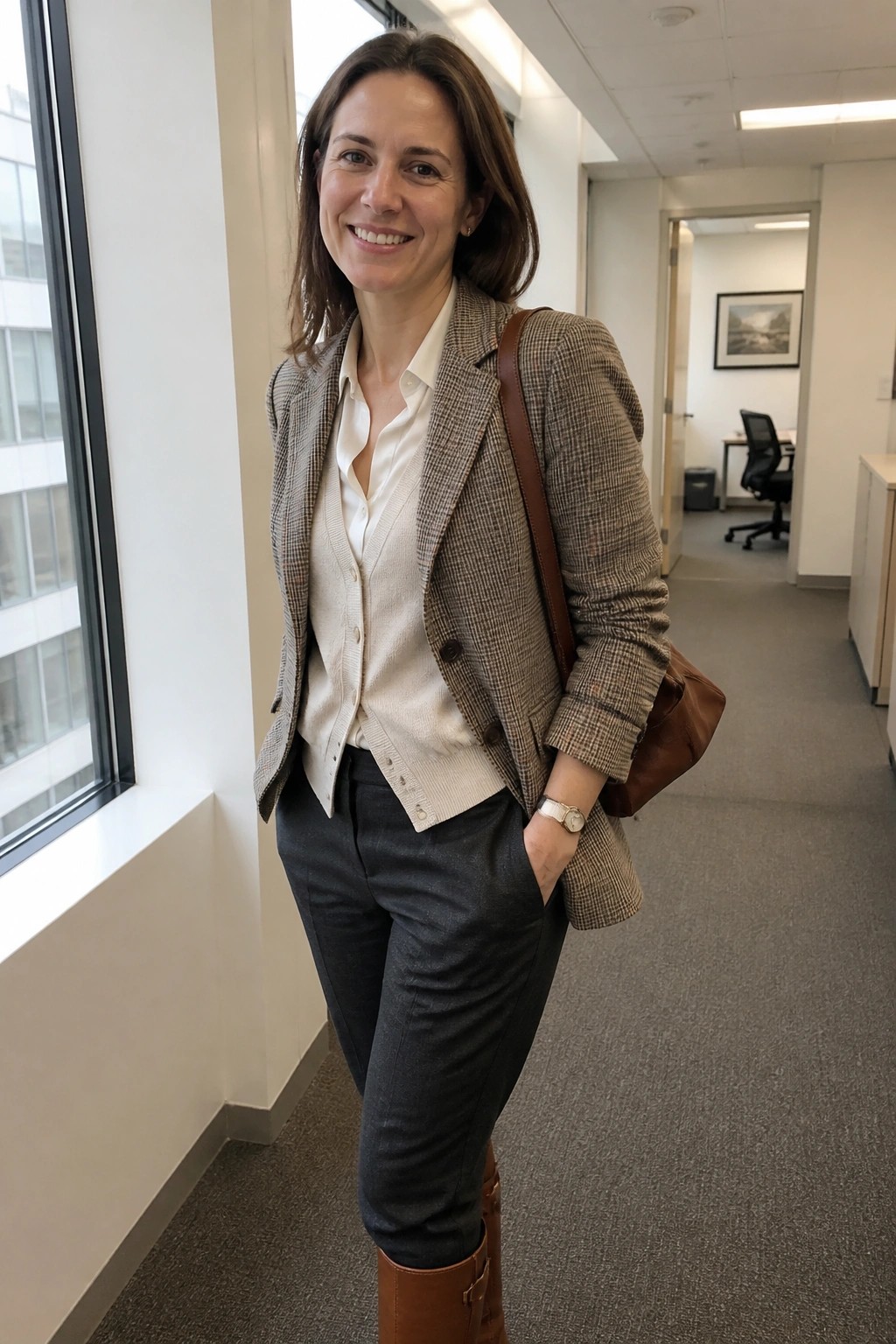 Smiling woman in plaid blazer, cream vest, gray pants, and brown boots in office.