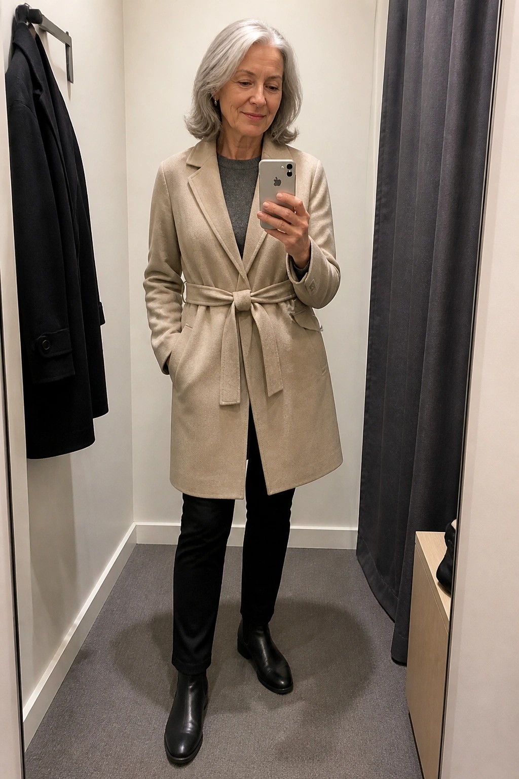 Woman with gray hair in beige belted coat taking mirror selfie in fitting room