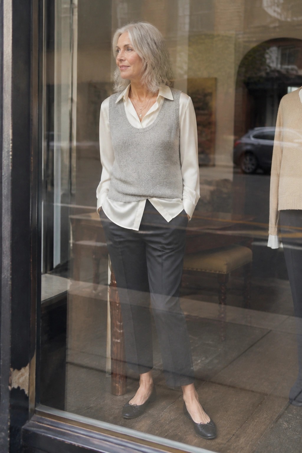 Gray-haired woman in cream shirt and gray sweater vest by glass storefront