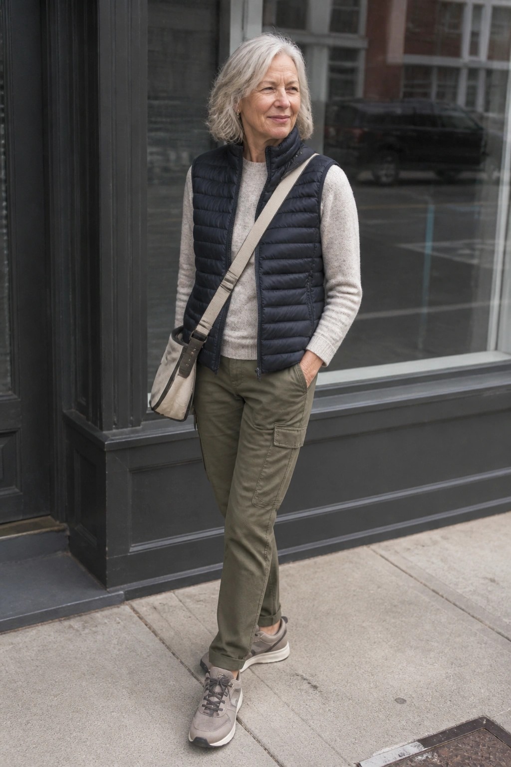 Gray-haired woman in navy puffer vest and olive cargo pants on sidewalk
