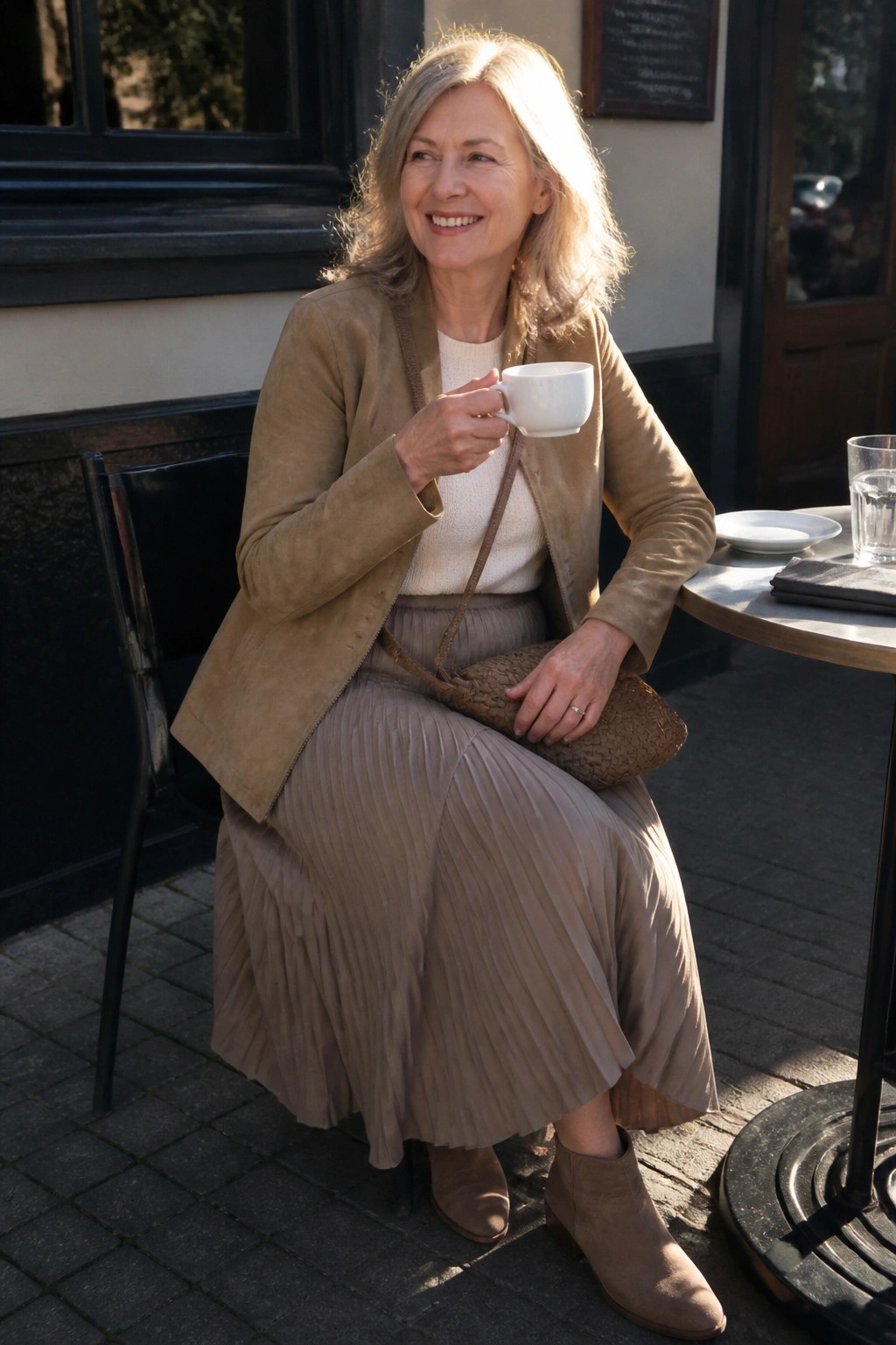Woman over 60 in layered neutral outfit with tan suede jacket over cream sweater, pleated midi skirt, woven crossbody bag, and matching suede ankle boots.