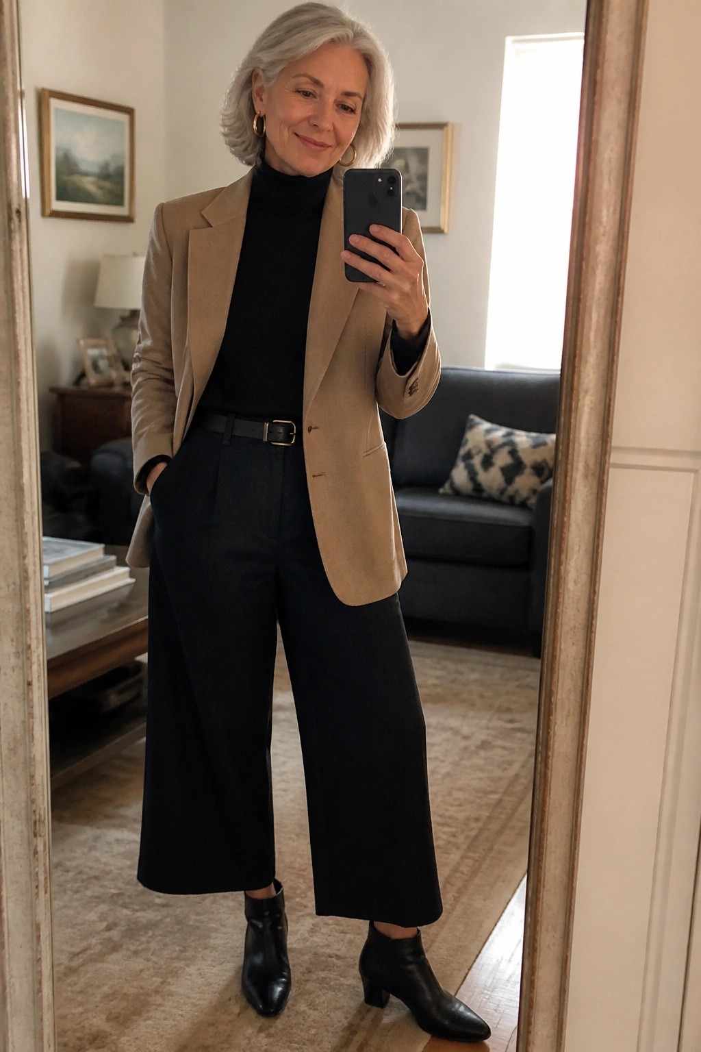 Gray-haired woman in tan blazer, black turtleneck, and wide trousers taking mirror selfie.