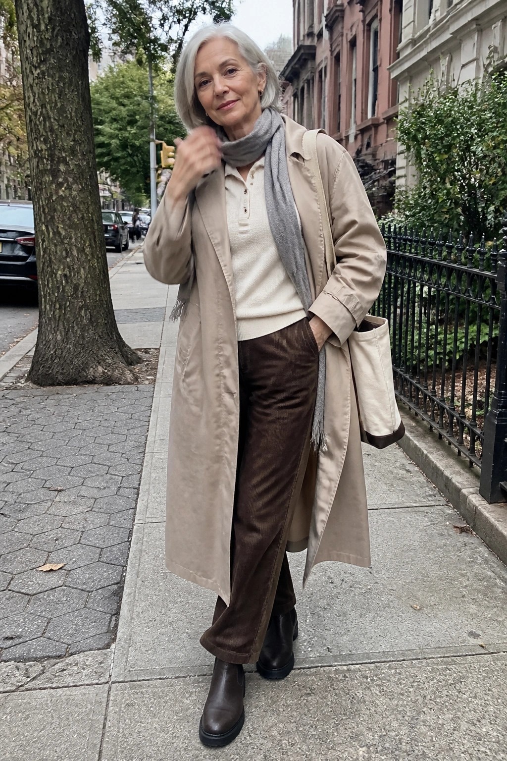 Elderly woman in beige trench coat, brown corduroy pants, and gray scarf on sidewalk