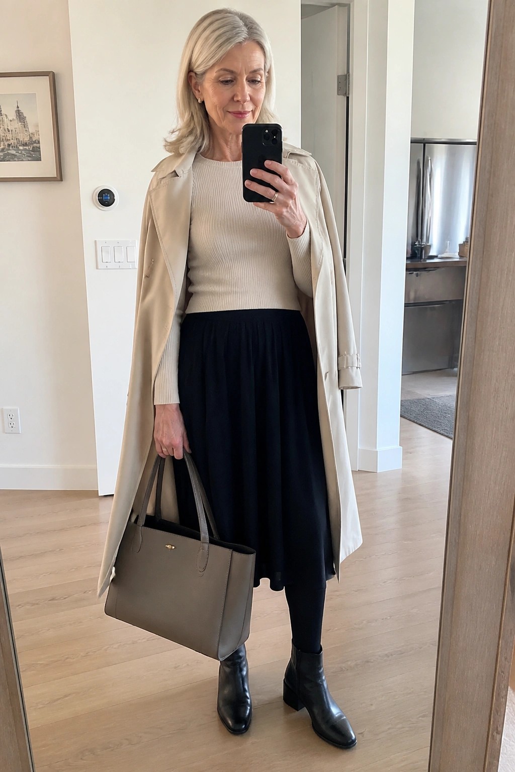 Woman in beige trench coat and black skirt holding gray handbag and phone