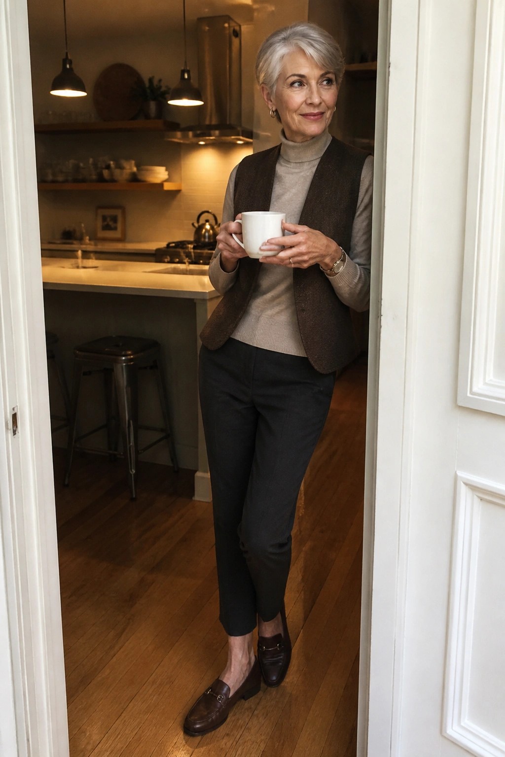 Gray-haired woman in brown vest holding white mug in kitchen doorway