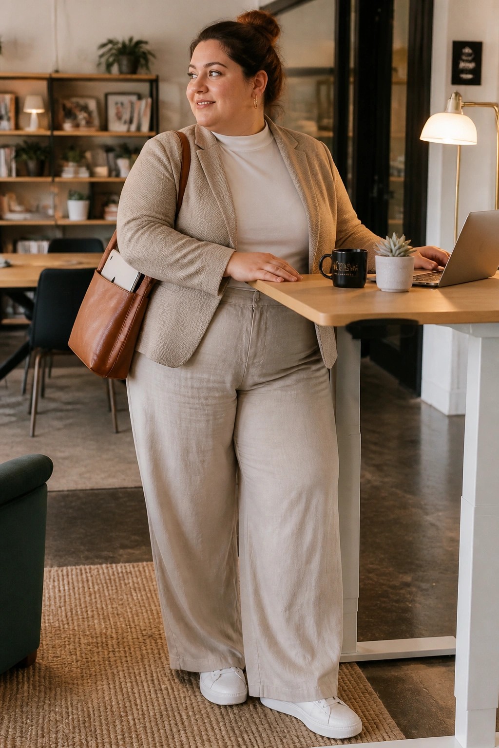 Woman in beige blazer and wide pants at wooden office desk with laptop