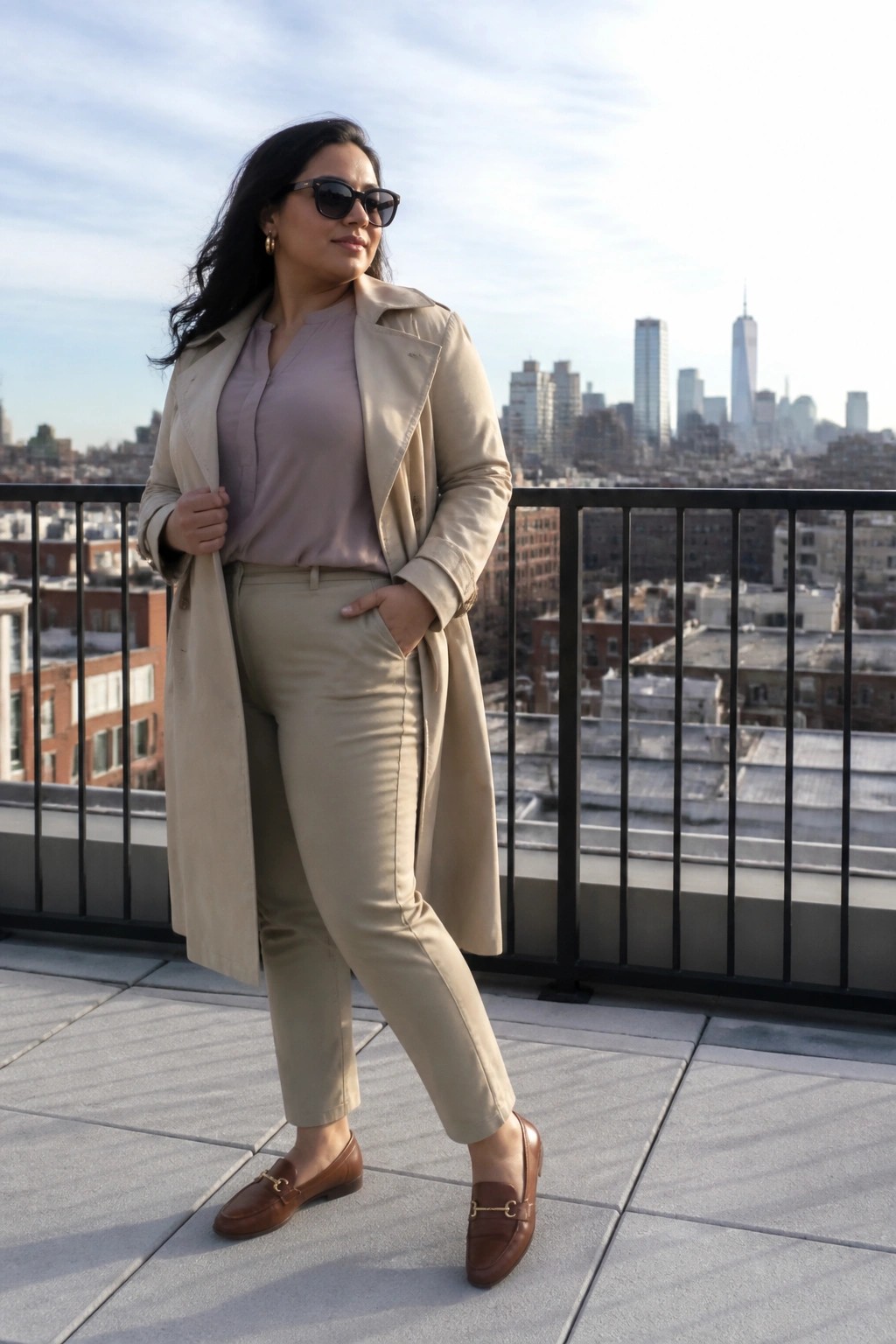Plus size woman wearing an open beige trench coat over a lavender blouse and matching slim beige pants with brown loafers on a rooftop.