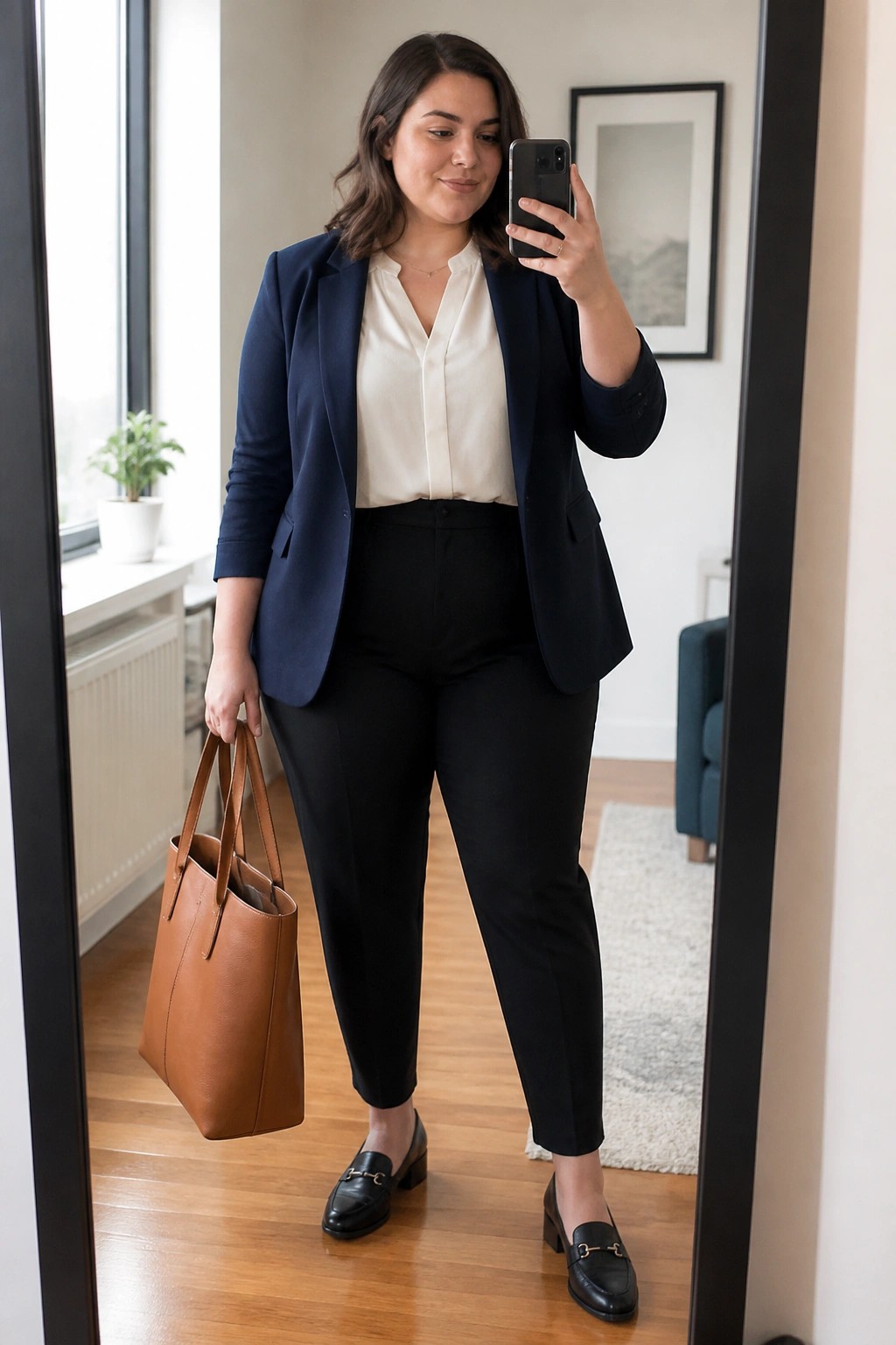 Woman in navy blazer and black pants taking mirror selfie with brown tote bag
