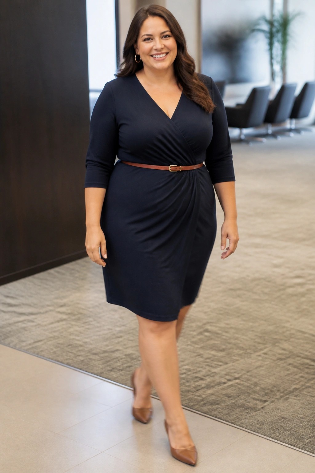 Plus size woman wearing a navy blue wrap dress with three quarter sleeves a brown leather belt and matching pointed toe heels in an office setting.