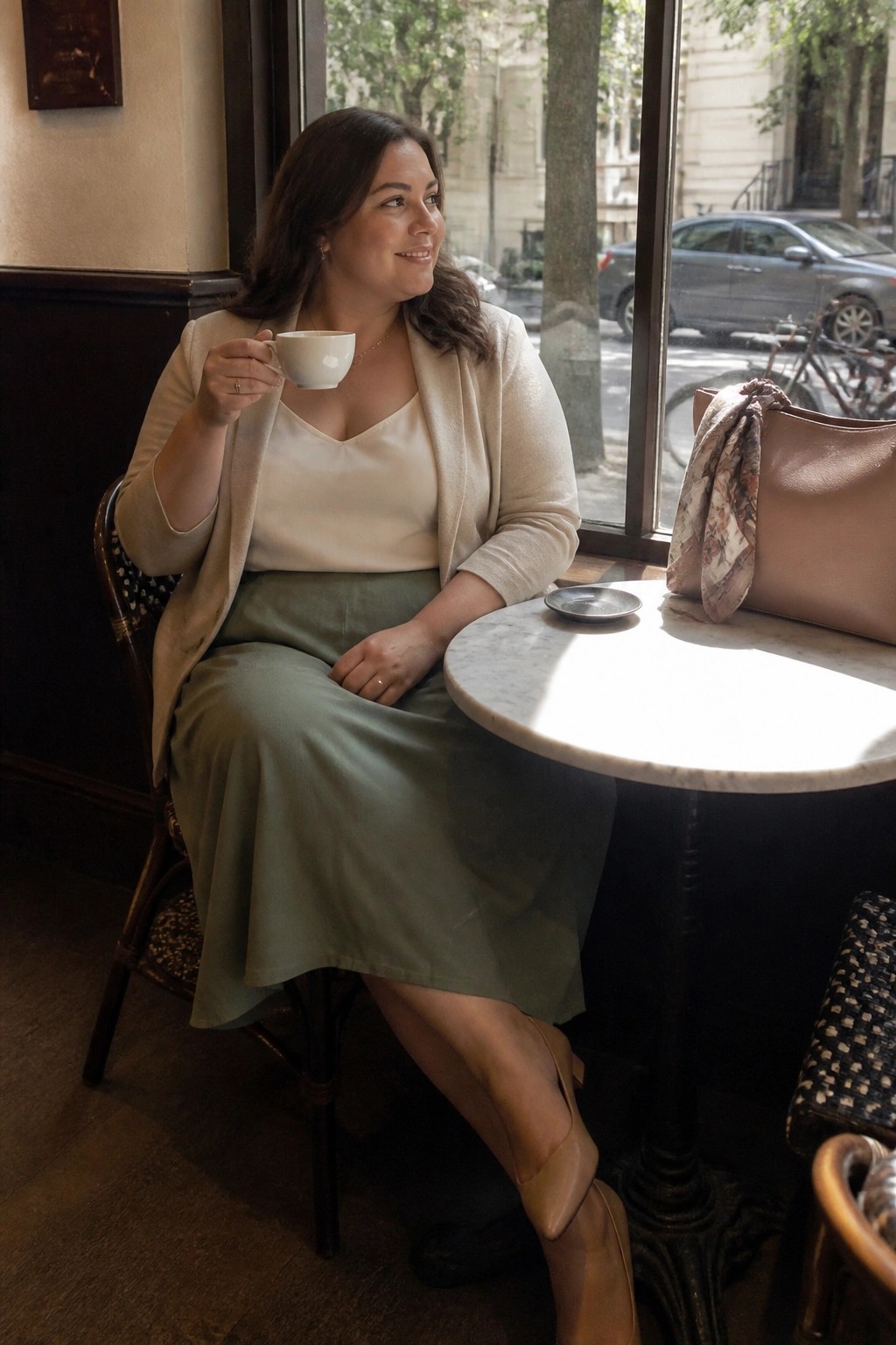Woman in beige cardigan and green skirt holds coffee at sunny cafe window table