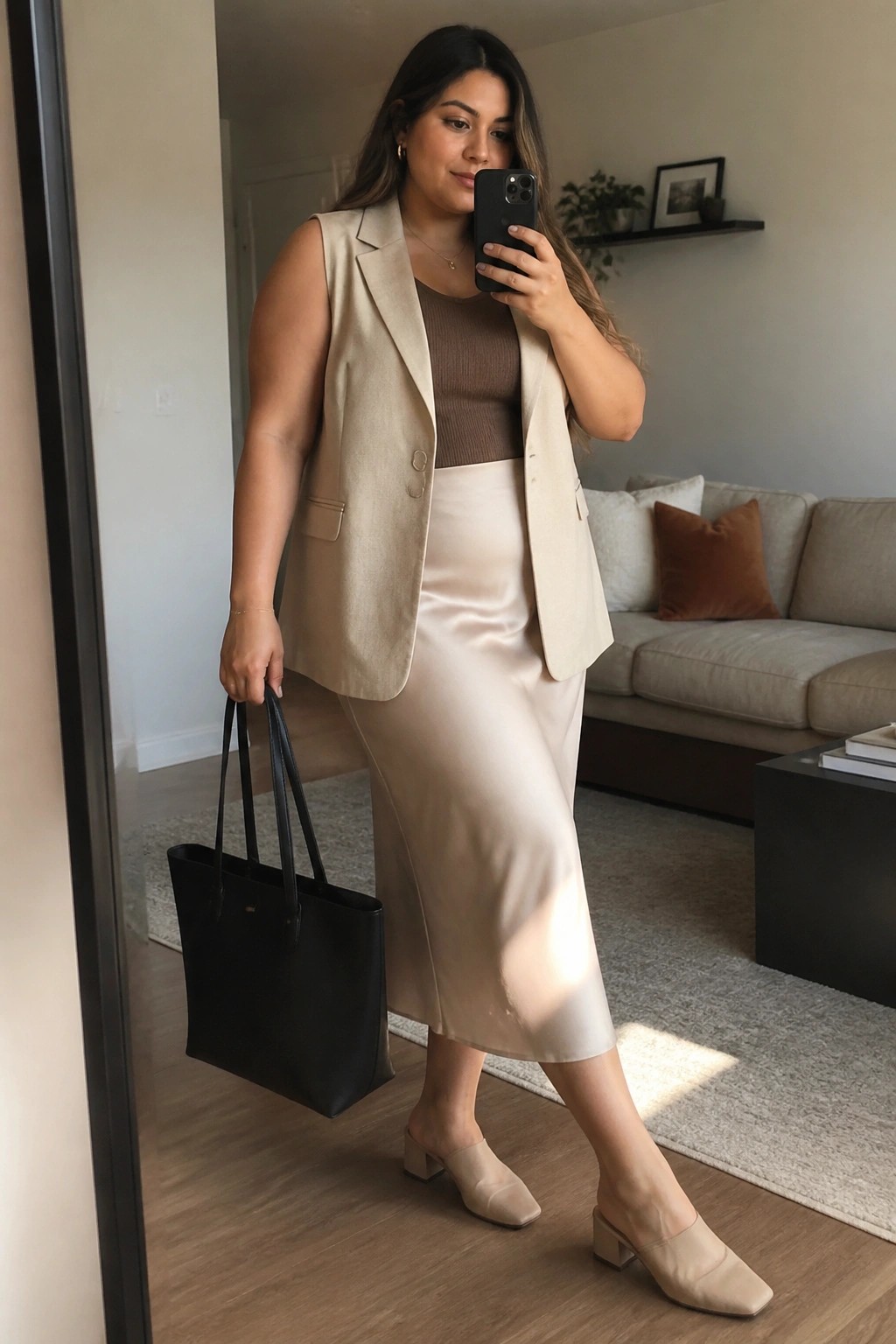 Woman in beige blazer and satin skirt holding phone and black tote bag.