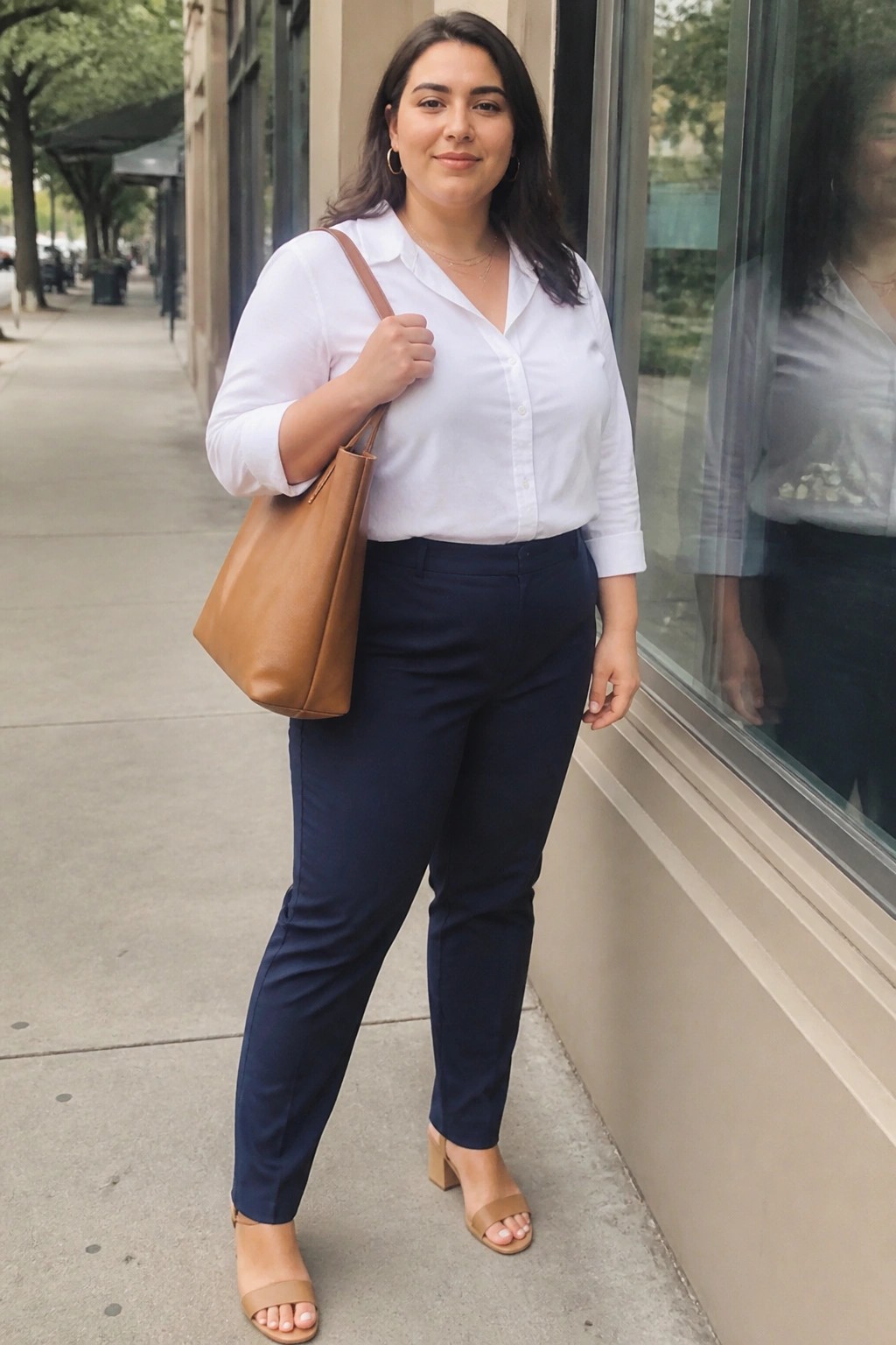 Woman in white shirt and navy pants holding brown tote bag on sidewalk