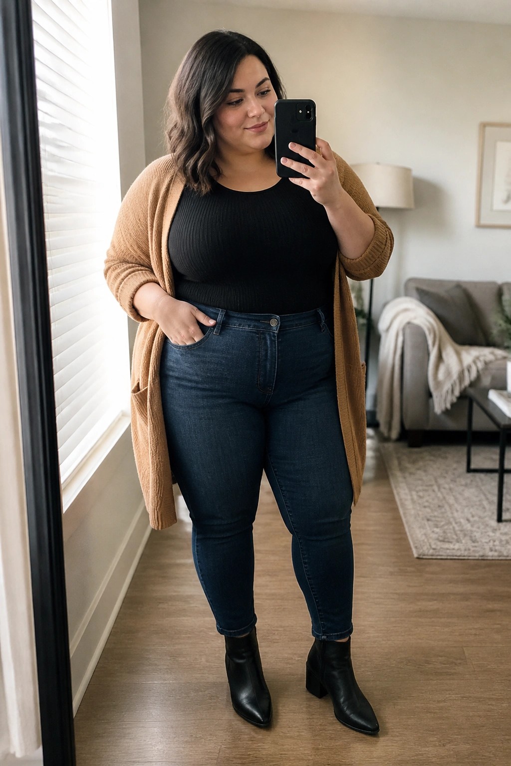 Woman in tan cardigan and blue jeans taking mirror selfie in living room