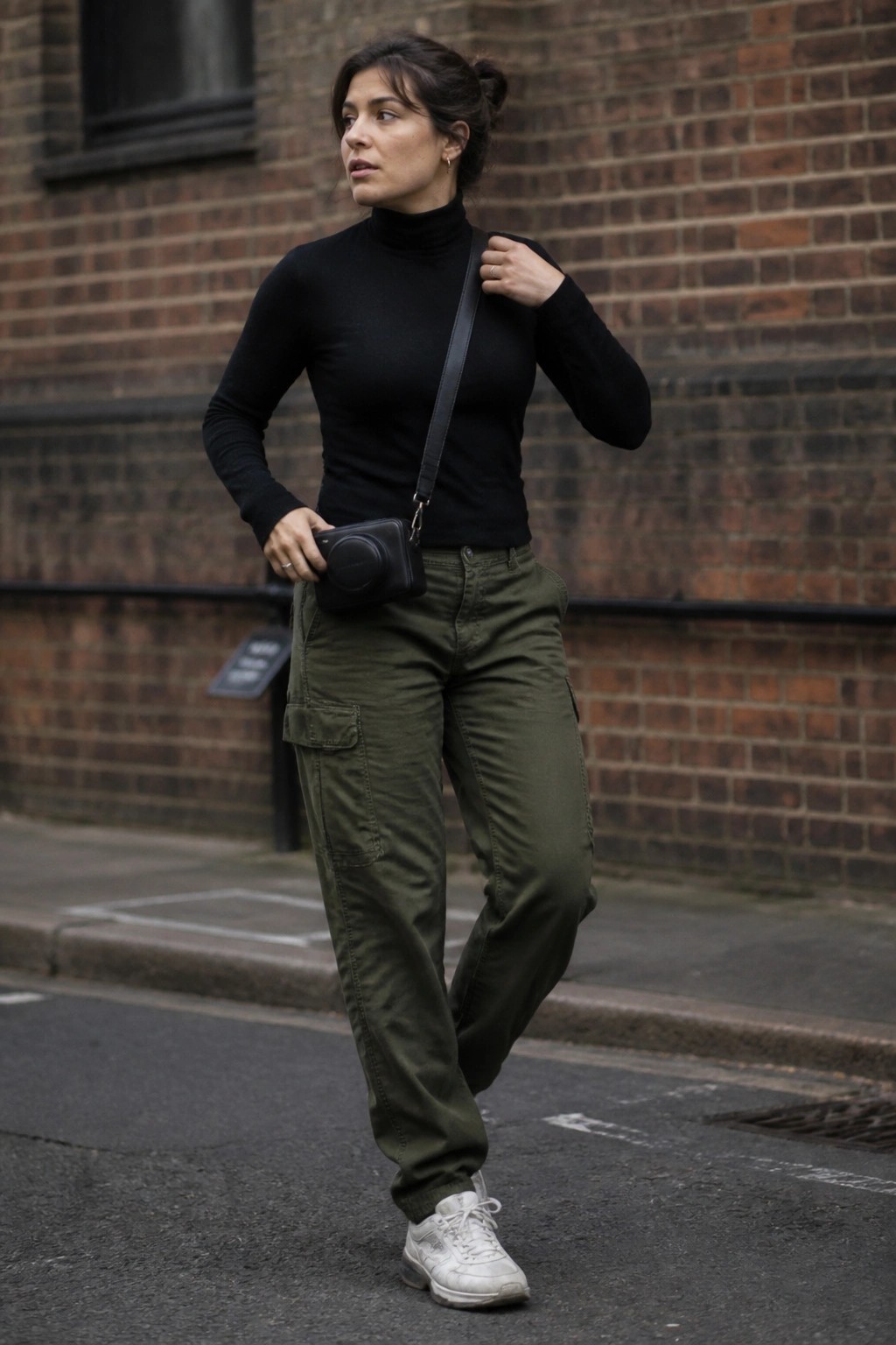 Woman in black turtleneck and olive cargo pants holding black camera bag on street.