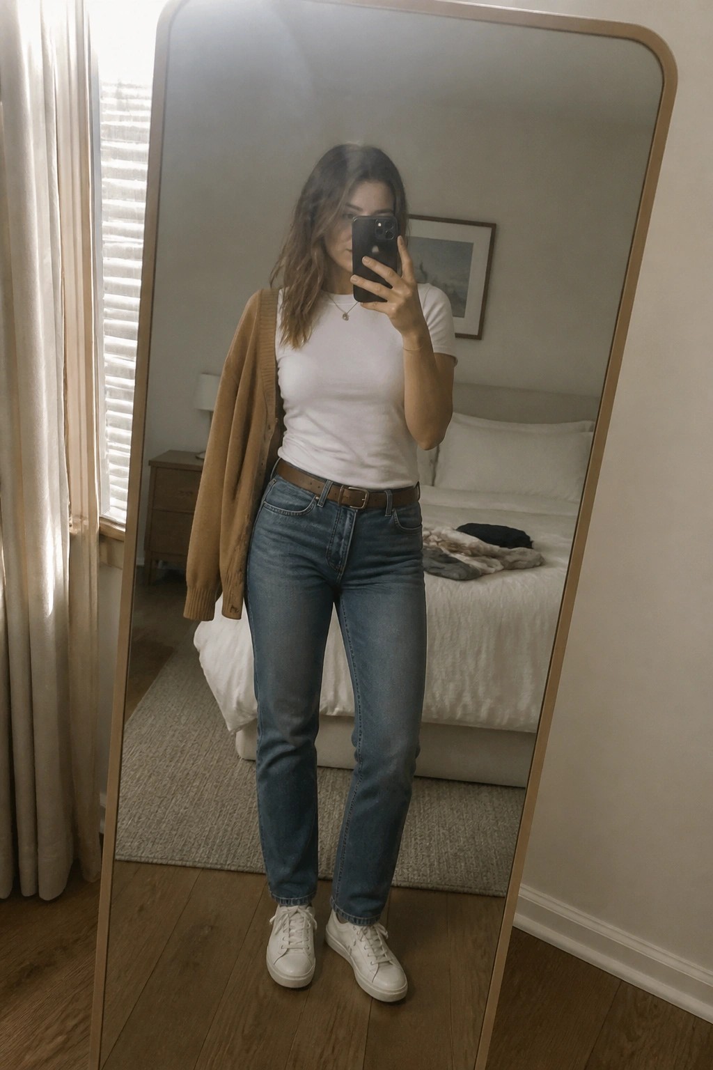 Woman in white tee, blue jeans, brown cardigan taking bedroom mirror selfie