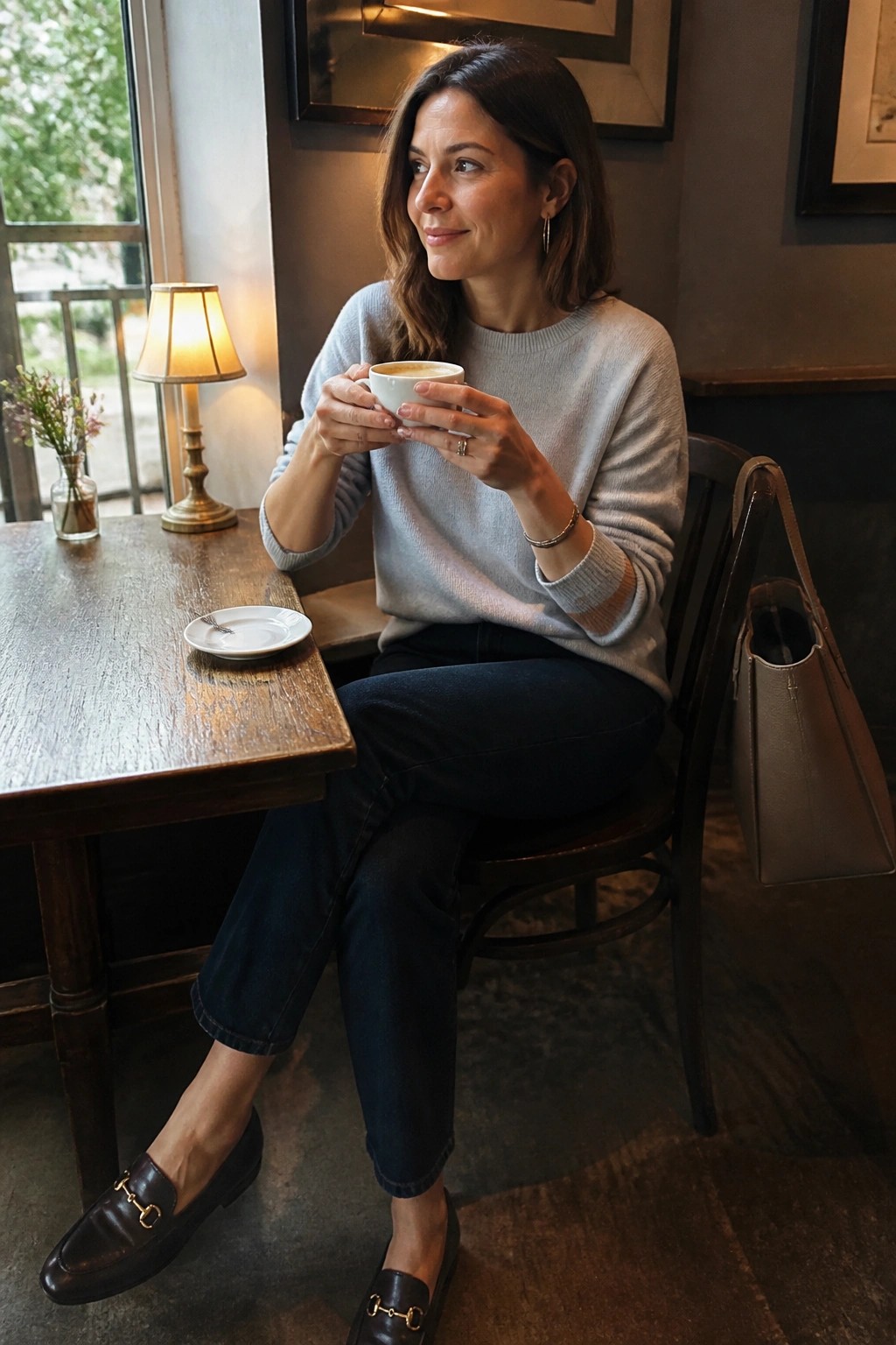 Woman seated wearing light gray knit sweater, dark blue cuffed jeans, brown leather loafers with gold hardware, and carrying a beige leather tote bag.