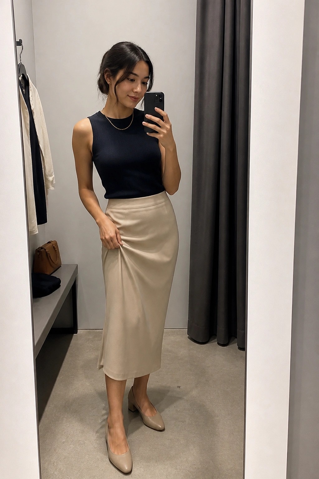 Woman in navy sleeveless top and beige skirt taking mirror selfie in fitting room.