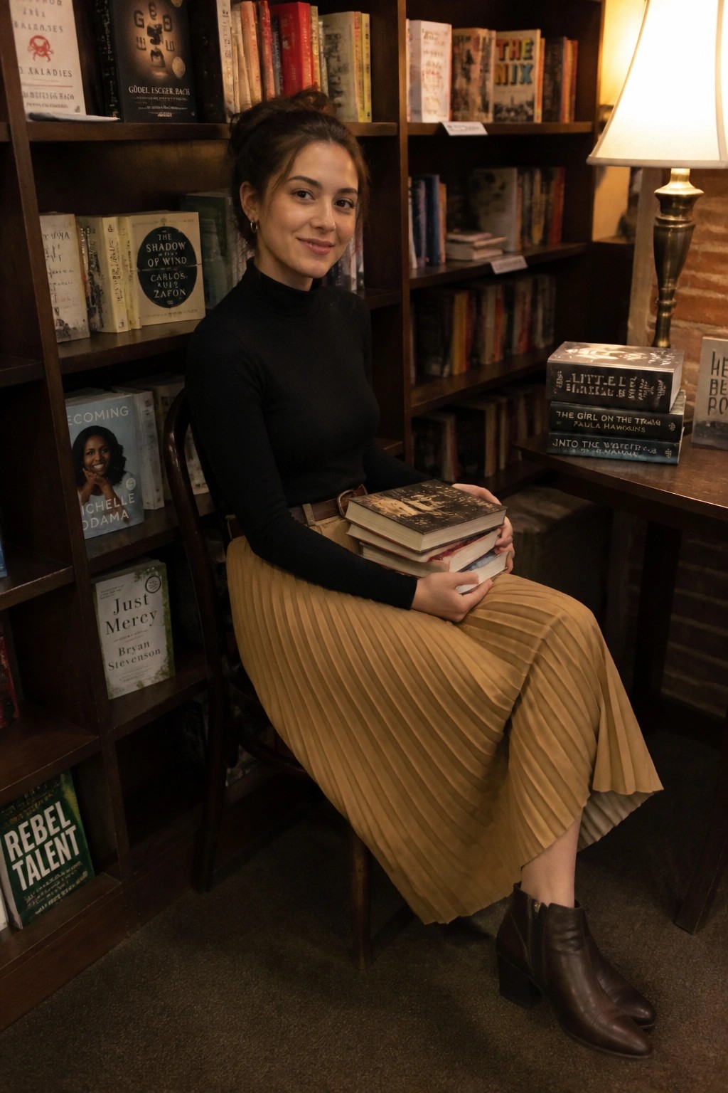 Woman wearing black turtleneck top tucked into tan pleated midi skirt with brown belt and matching ankle boots while seated and holding stacked books