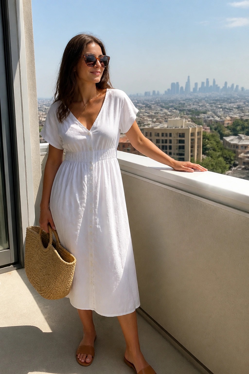 Woman in white midi dress holding straw bag on sunny city balcony