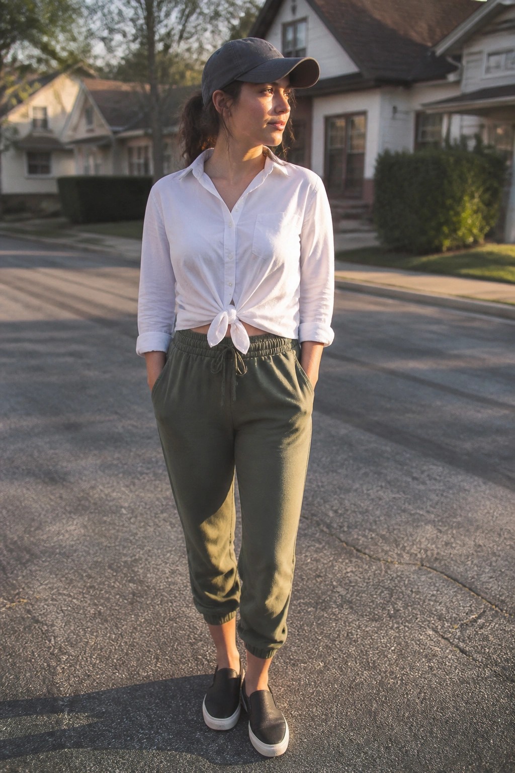Woman in white tied shirt, green joggers, and cap on suburban street.