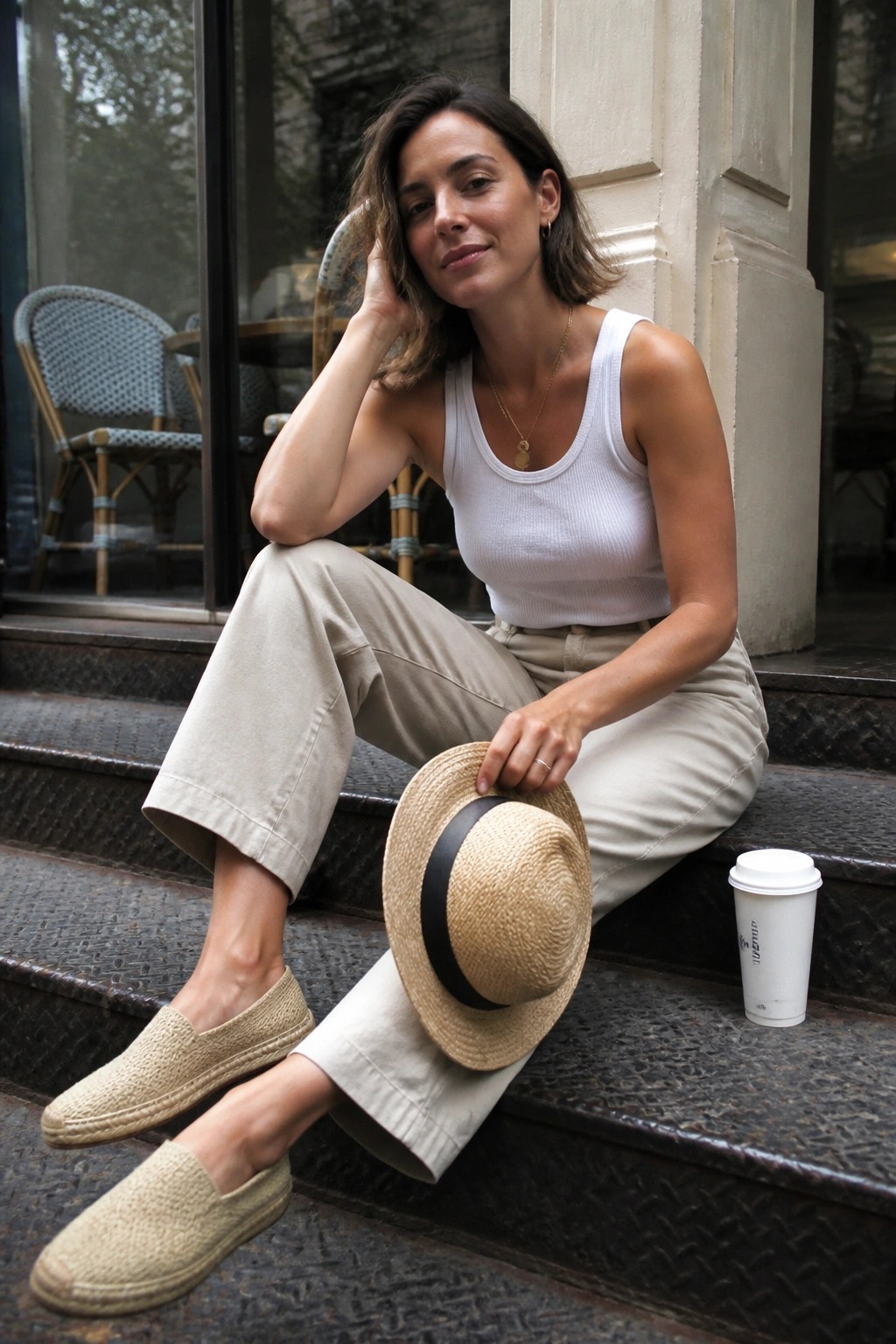 Woman in white tank top and beige pants sits on steps holding straw hat by coffee cup