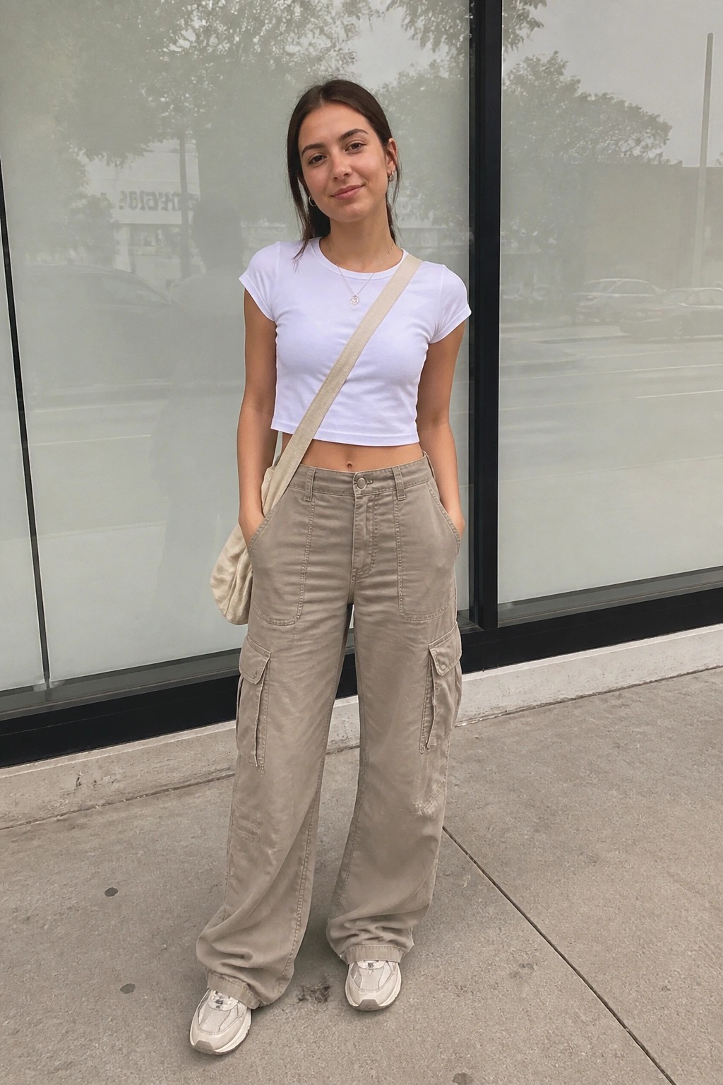 Woman in a white crop top tucked into beige cargo pants with a beige crossbody bag and white sneakers standing outdoors.