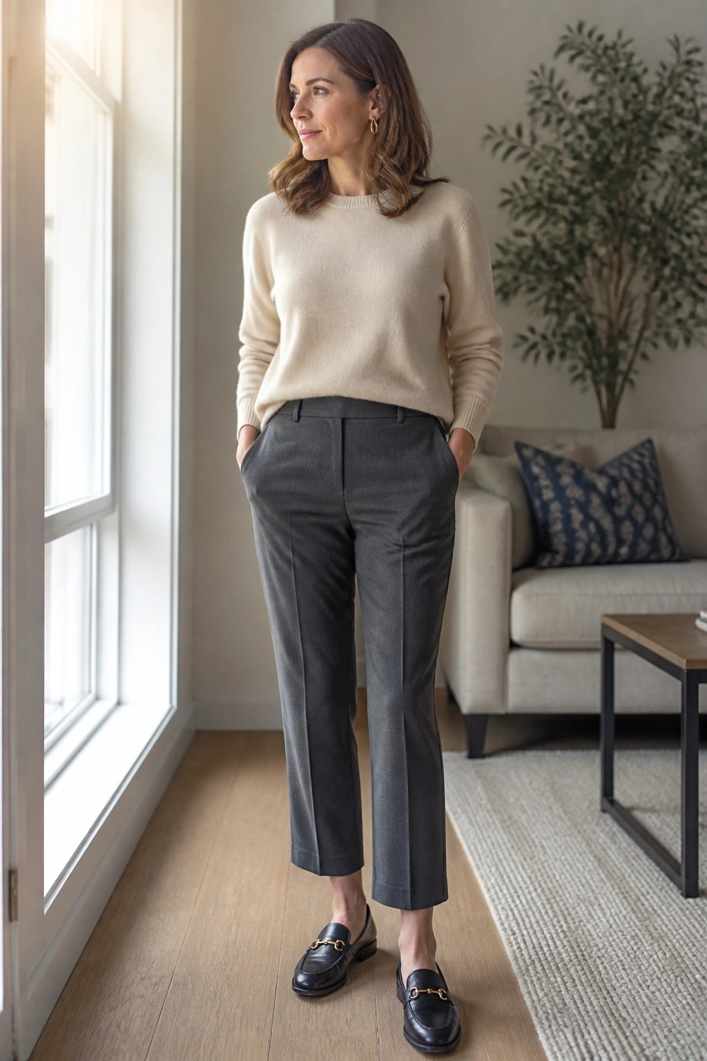 Woman in cream sweater and gray trousers with black loafers by window.