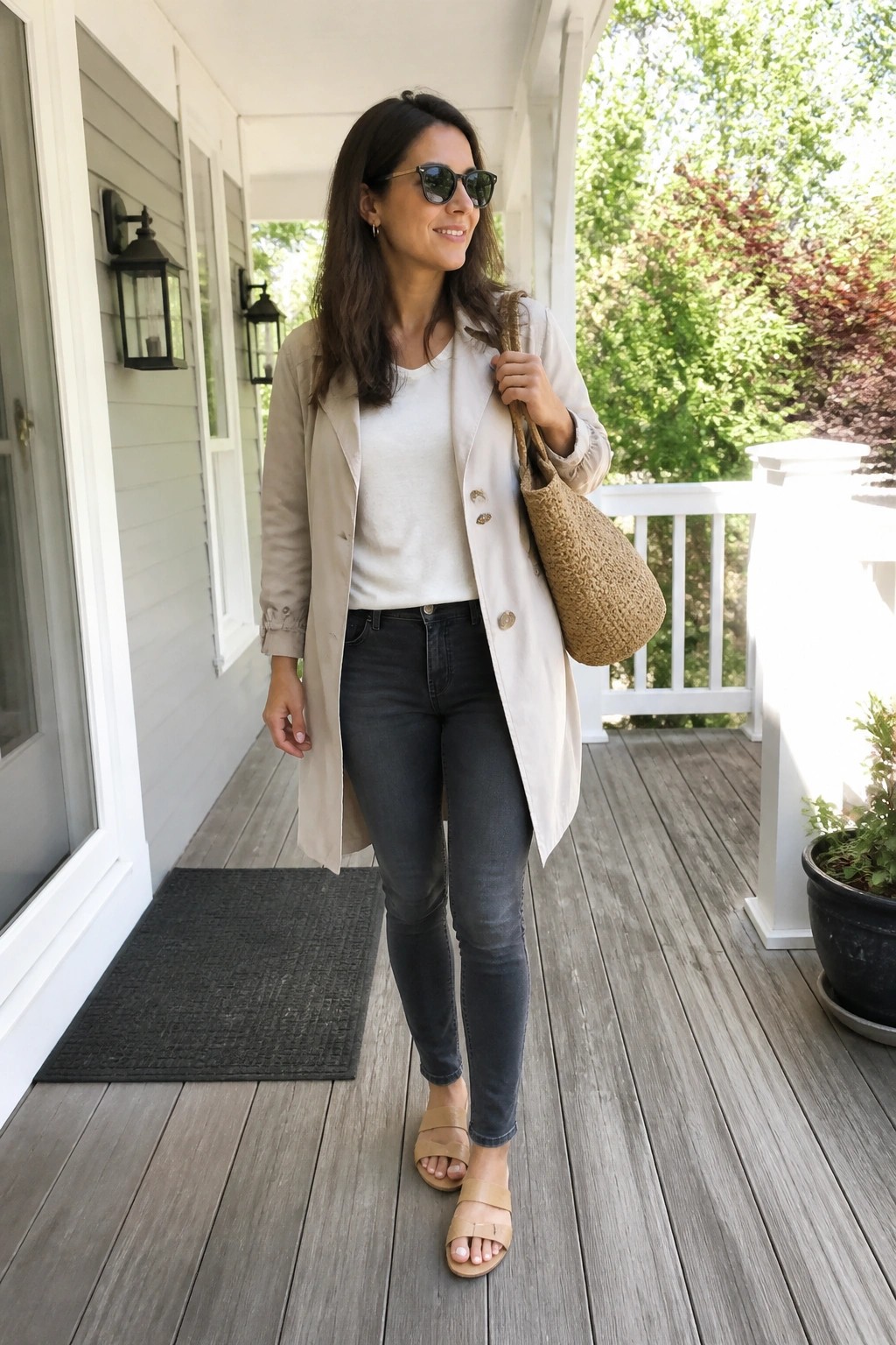 Woman wearing a beige trench coat open over a white tee and dark gray jeans with beige slide sandals and a woven straw tote bag.