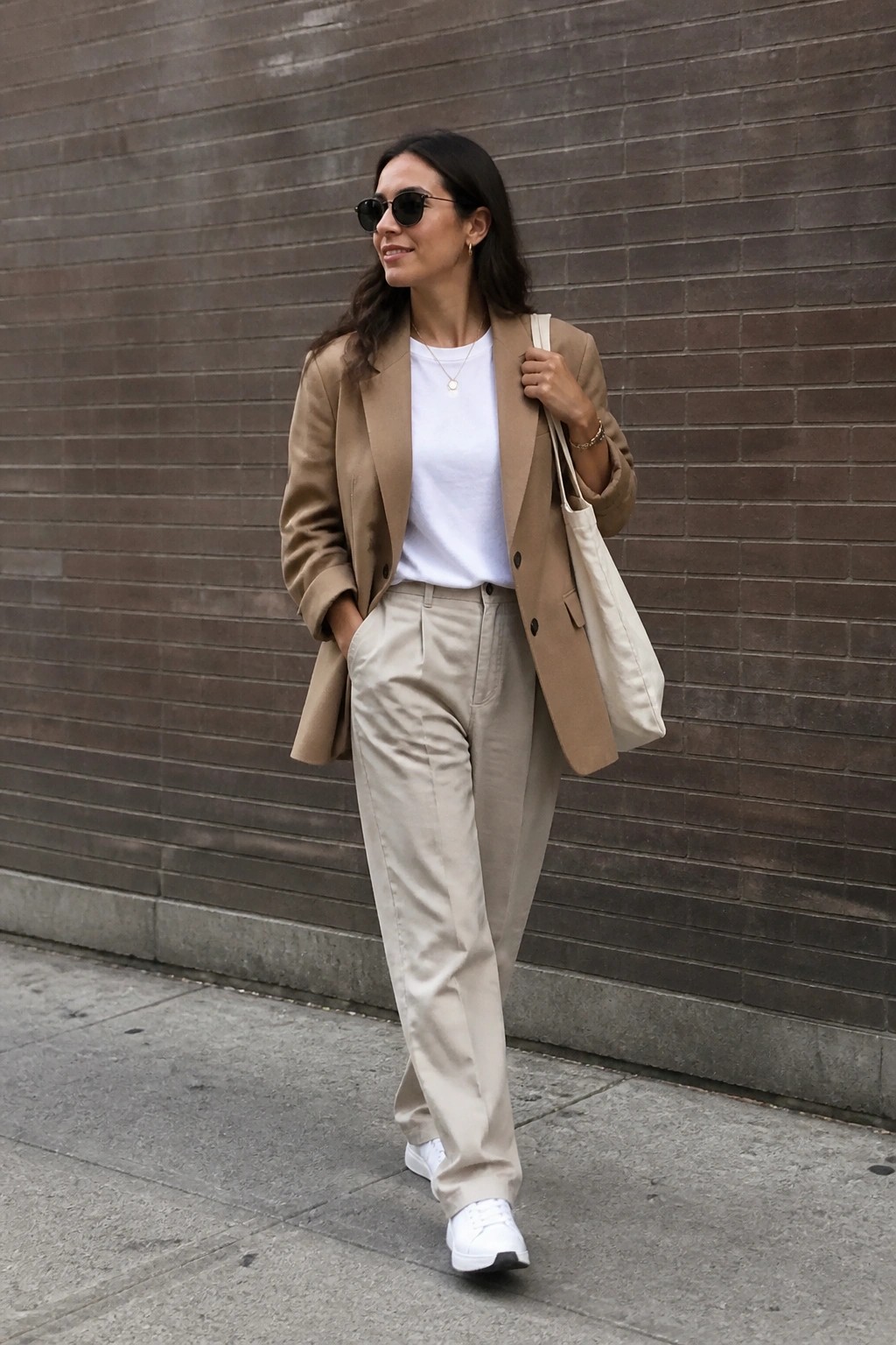 Woman in tan blazer, white tee, and beige trousers carries tote bag on sidewalk.