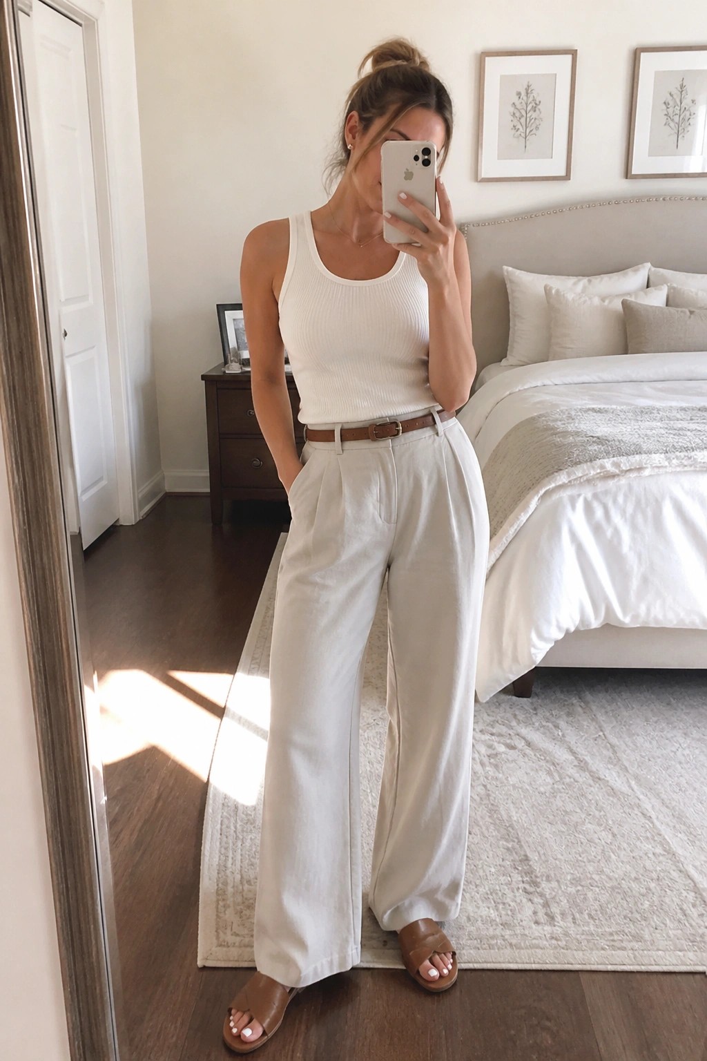 Woman in white ribbed tank and beige wide-leg pants taking bedroom mirror selfie