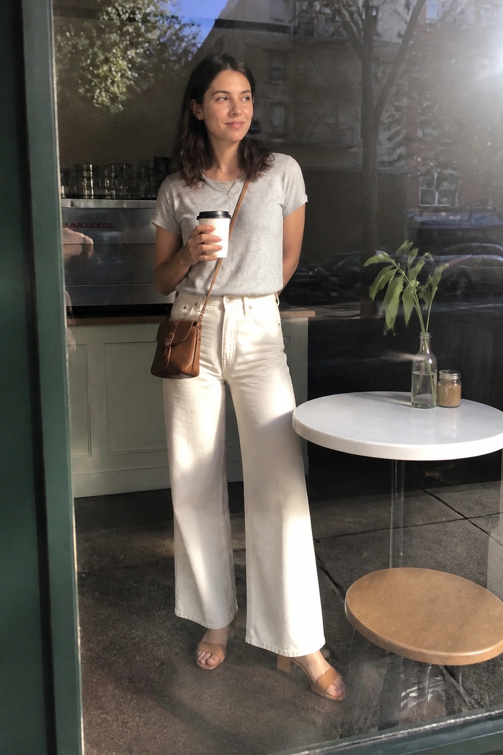 Woman in gray t-shirt and white wide-leg pants holding coffee in cafe