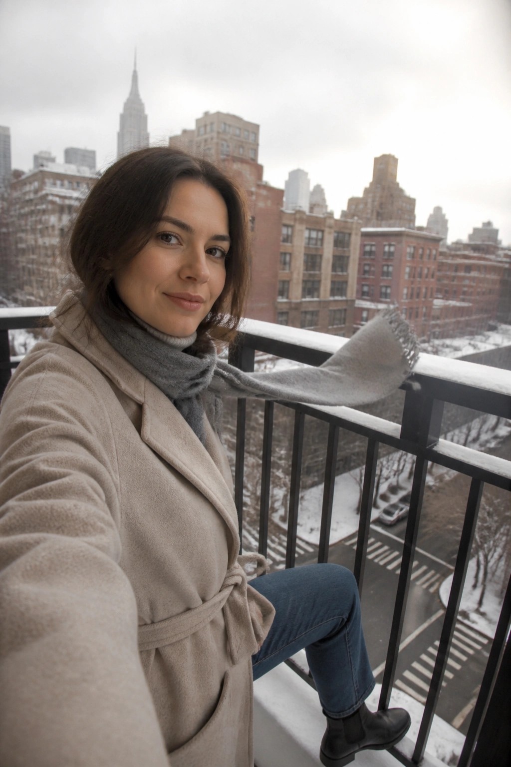 Woman wearing a belted beige coat over a gray scarf with blue jeans and black boots in a full body view.