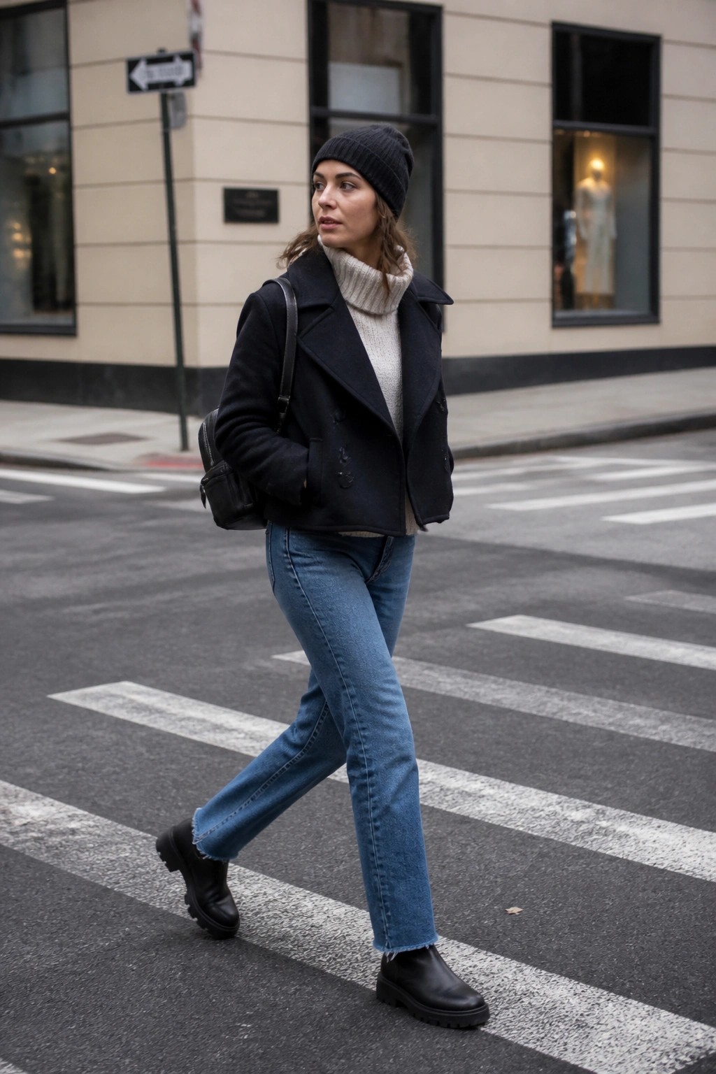 Woman in black beanie, turtleneck, and jacket crossing city crosswalk in jeans.