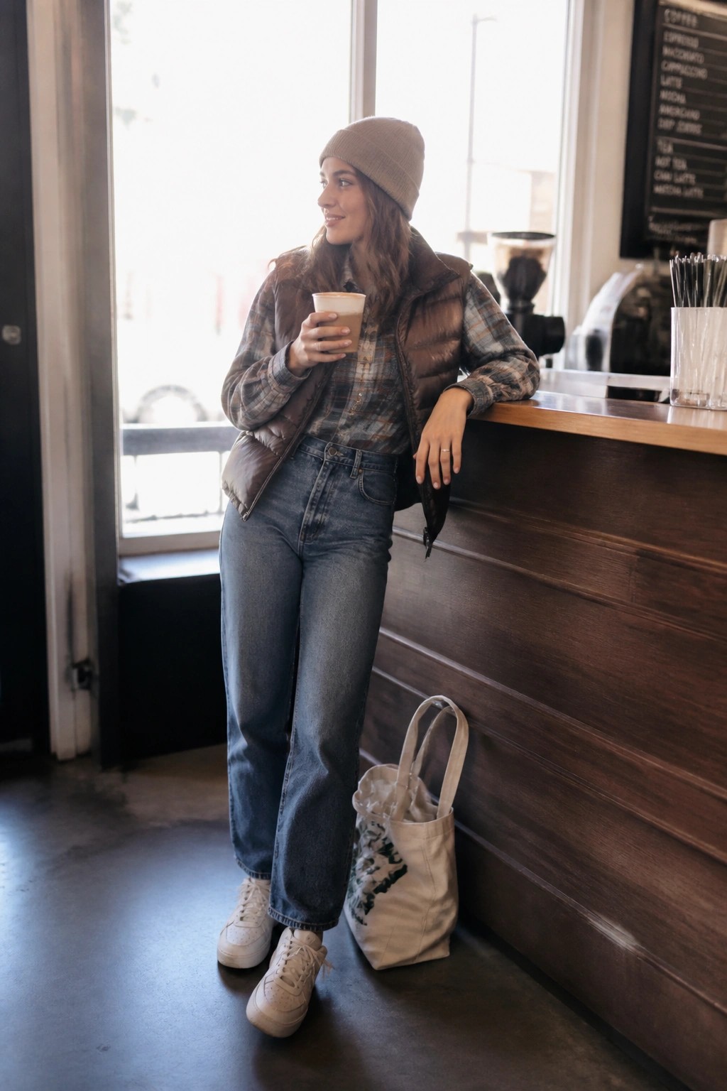 Woman in plaid shirt, puffy vest, and beanie holding coffee at cafe counter